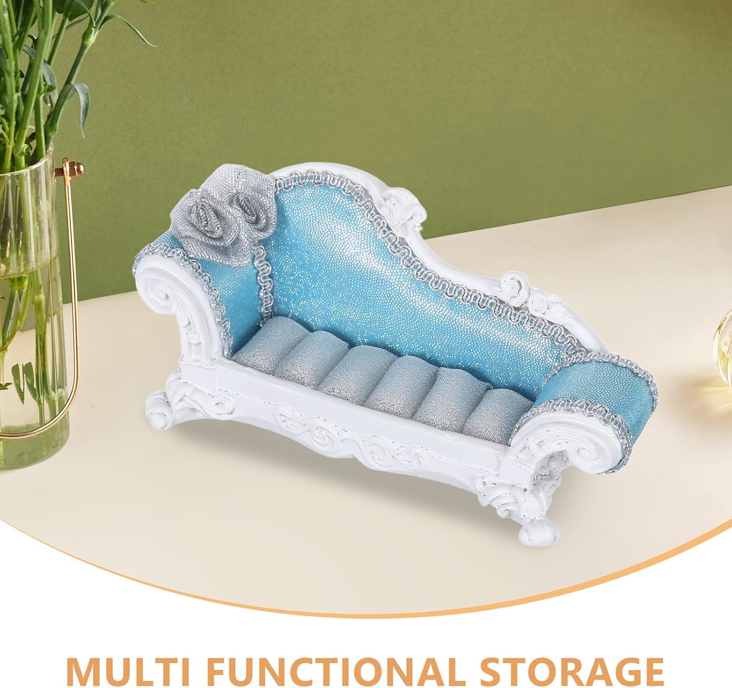 Sofa Shape Jewelry Organizer Stand with Ear Studs and Rings Display, Sparkling Blue Resin Jewelry Rack for ’ Accessories Storage at Home and Travel image 3