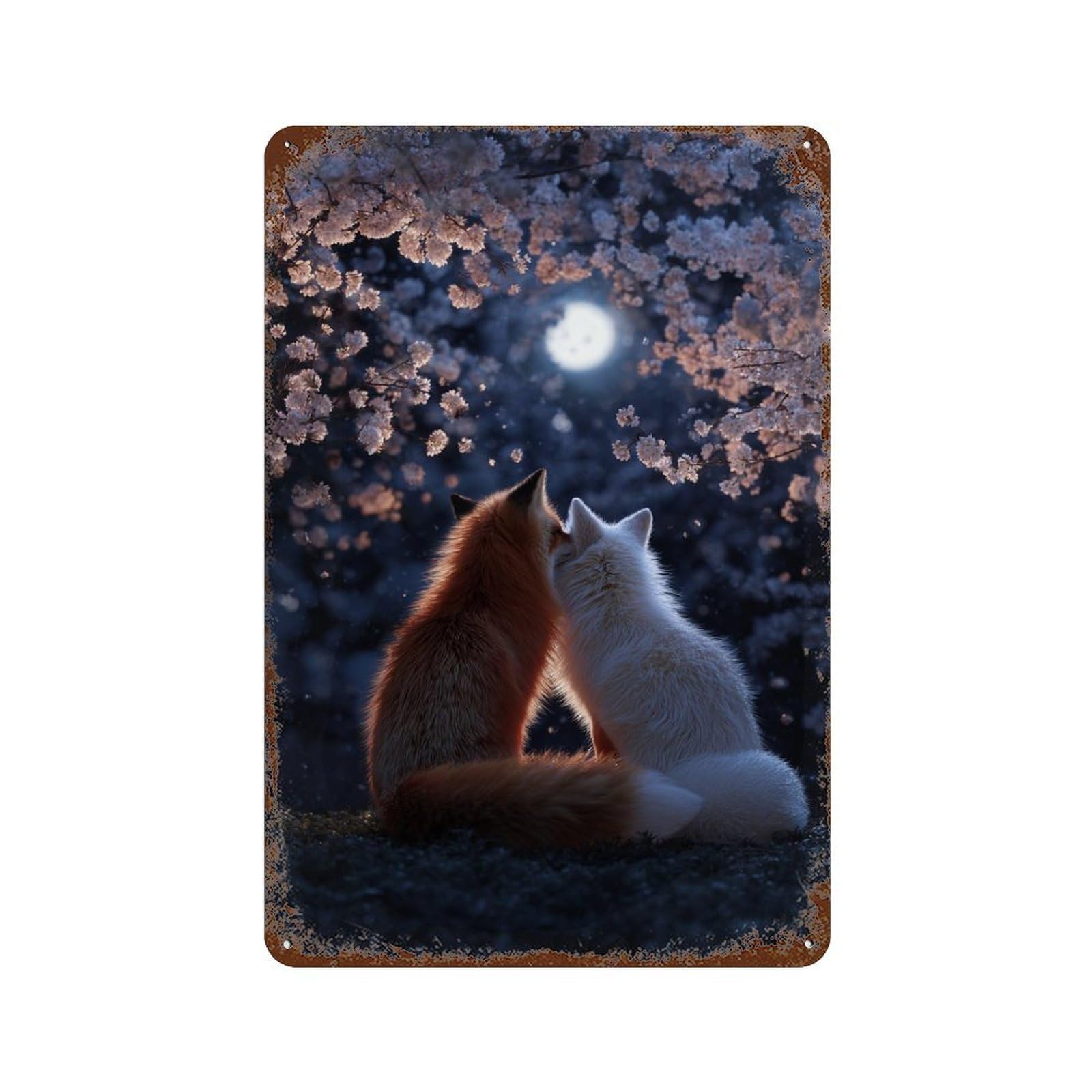 Foxes Under Cherry Blossoms Vintage Rust Metal Sign 11.8"x7.9", Shabby Chic Decor for Living Room, Hallway And Home Decor