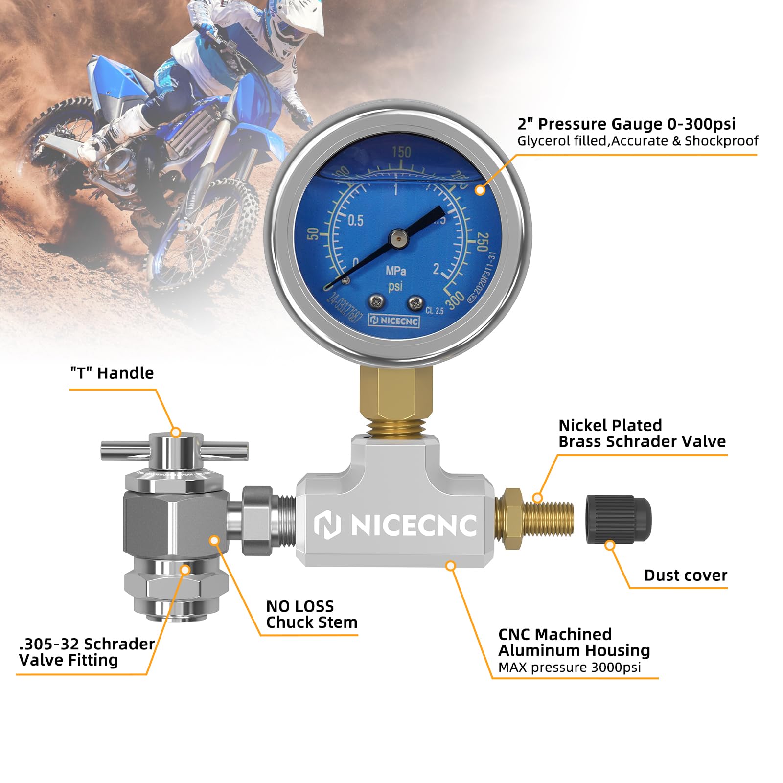 NICECNC Universelles 300PSI Hochpräzisions-Stickstofffüllgerät Compatible with Schrader Válvula Shocks - Compatible with Schrader Válvula Shock Models