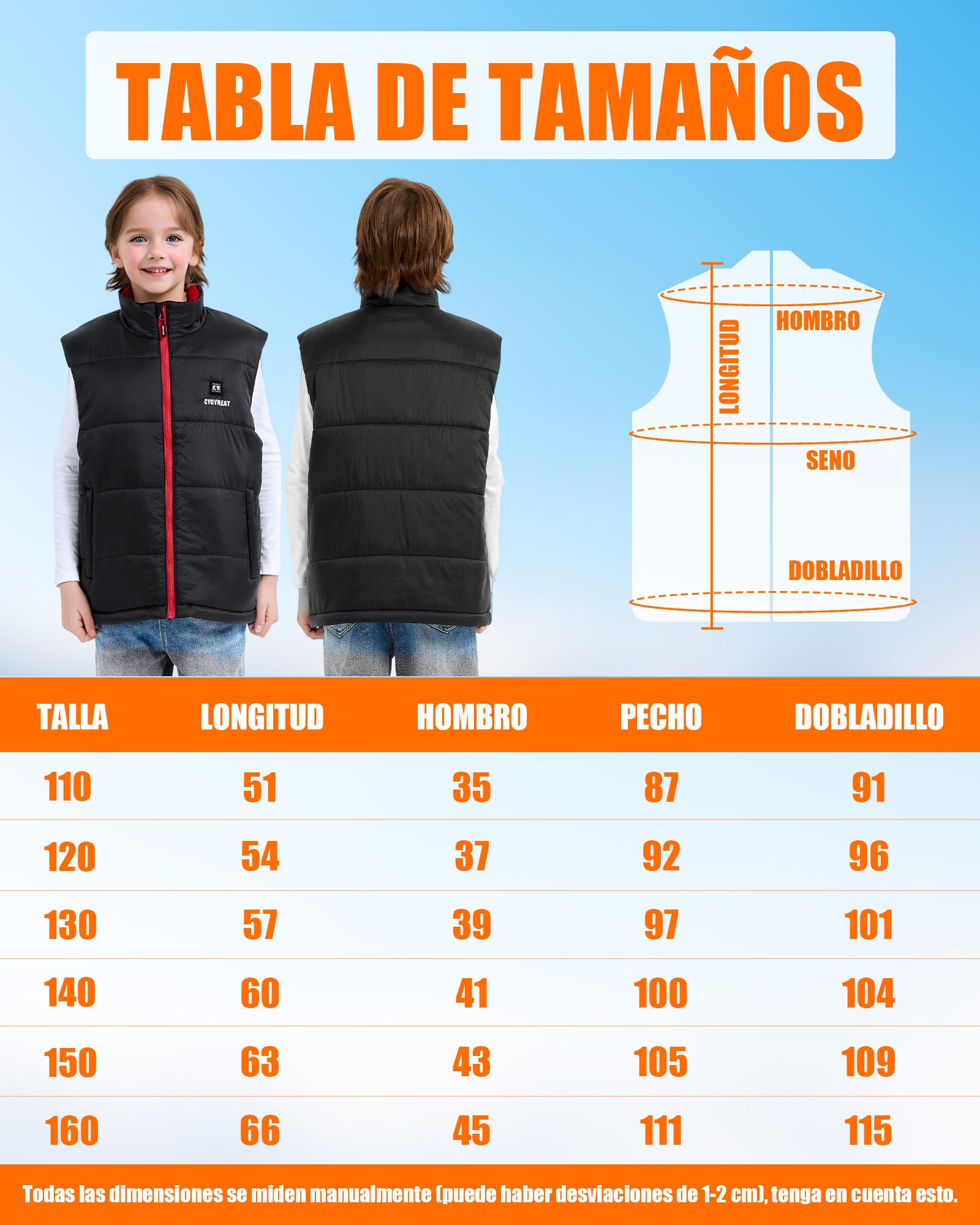 CYCYHEAT Chaleco Calefactable Niño con Batería USB 10000mAh - Chaleco Térmico para Niños y Niñas para Esquiar y Actividades al Aire Libre