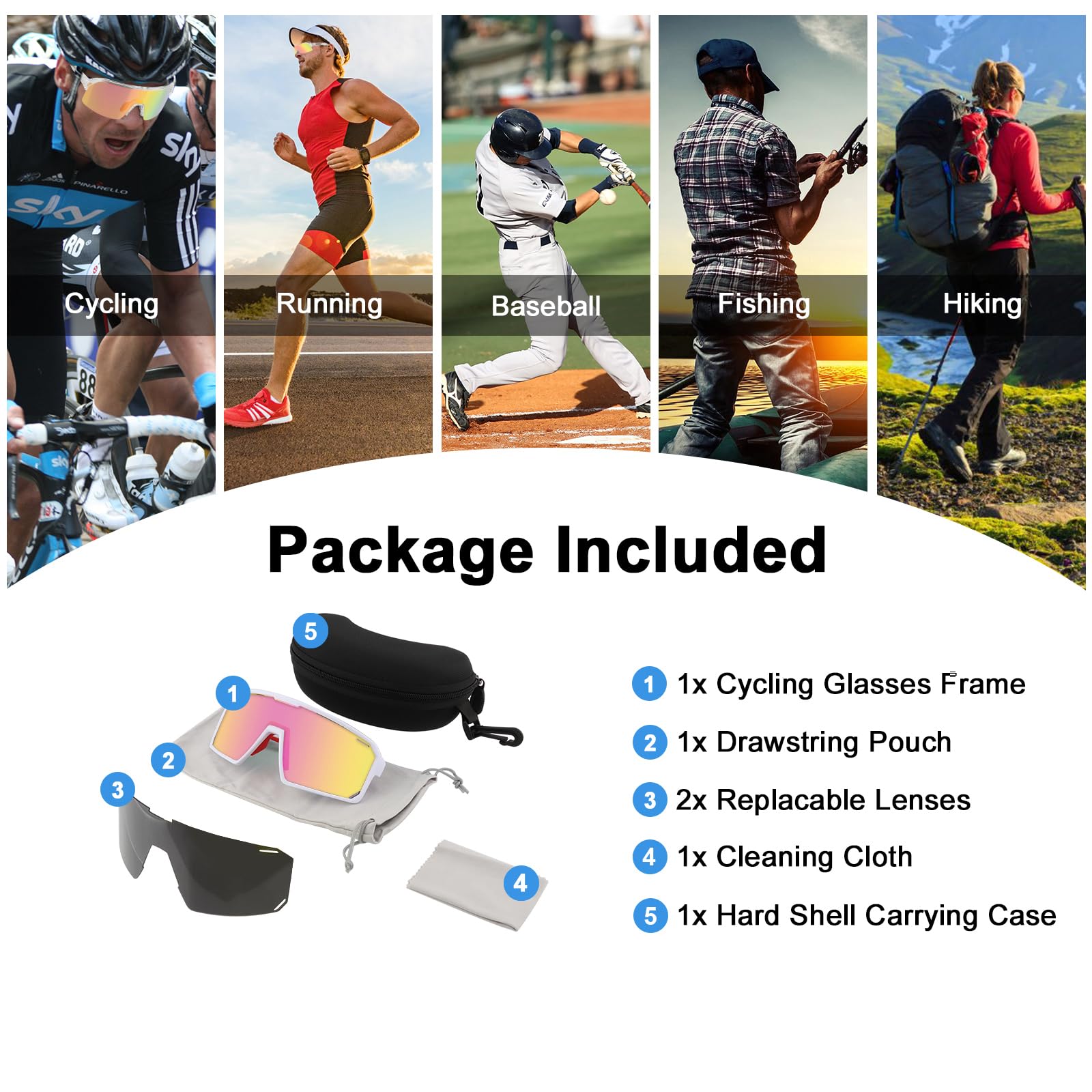 Gafas de Ciclismo Polarizadas, UV400 Gafas de Sol Deportivas con 2 Lentes TR90 para Hombres Mujeres Senderismo