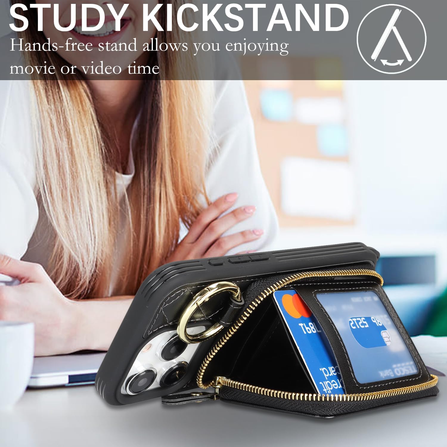 Crossbody Wallet Case for iPhone 15 Pro, PU Leather Zipper Handbag Purse Flip Cover, Kickstand Folio Case with Card Slots Holder Wrist Strap Lanyard 5G 6.1 Inch-Black