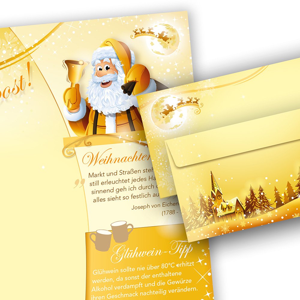 Briefpapier Set Weihnachtspost (500 Sets ohne Fenster) Weihnachtsbriefpapier mit Umschlag - beidseitig - Rückseite mit Weihnachtslieder