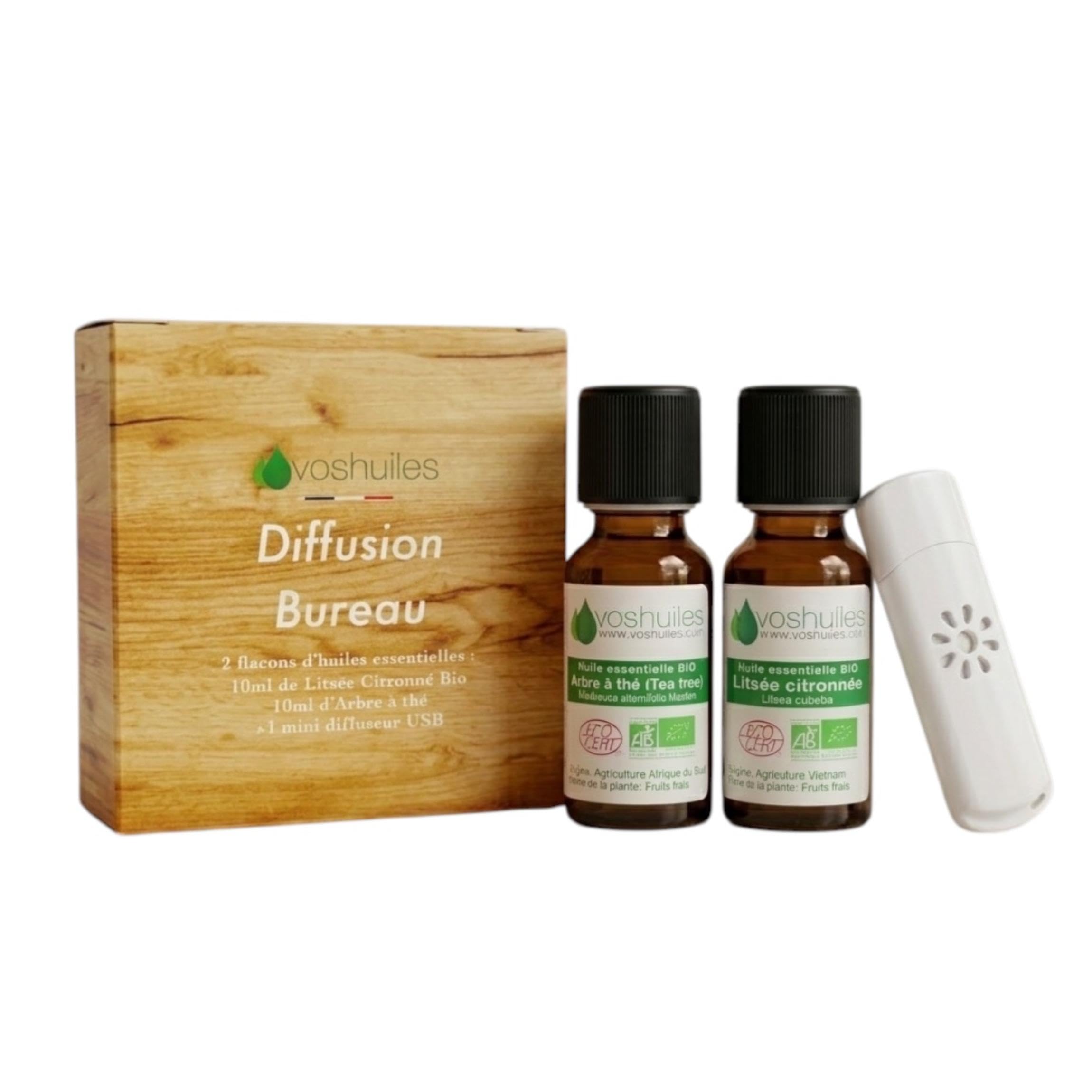 VOSHUILES - Mon Petit Kit Bureau - 2 Huiles Essentielles Bio - 100% Pure et Naturelle - HEBBD, Ecocert - Niaouli, Tea Tree - Mini Diffuseur USB Inclus - Concentration & Bien-​Être - 2x10ml