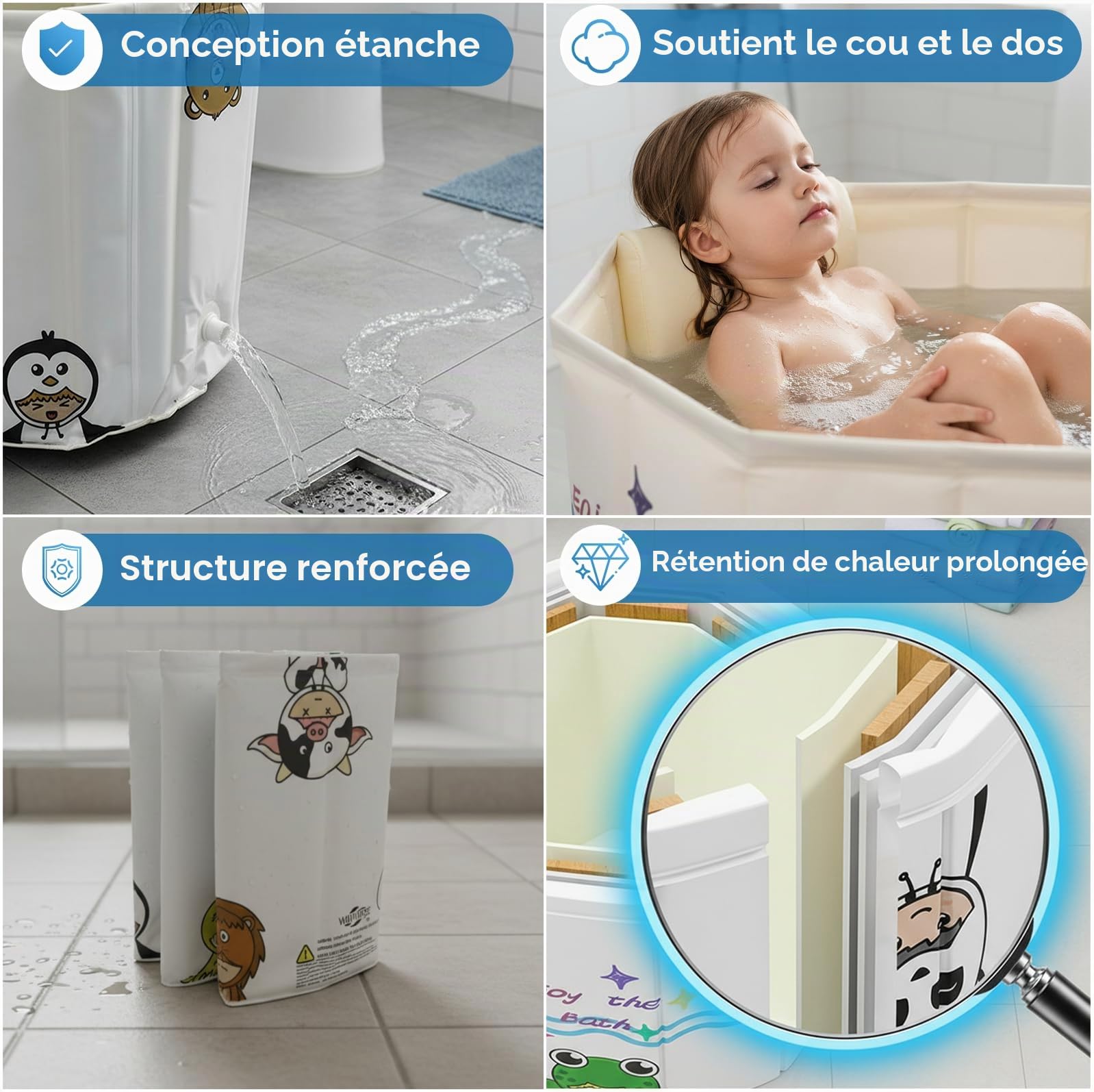 Baignoire Portable Pliable pour Enfants 1-5 Ans WAVYEASE Design Profond Installation Rapide