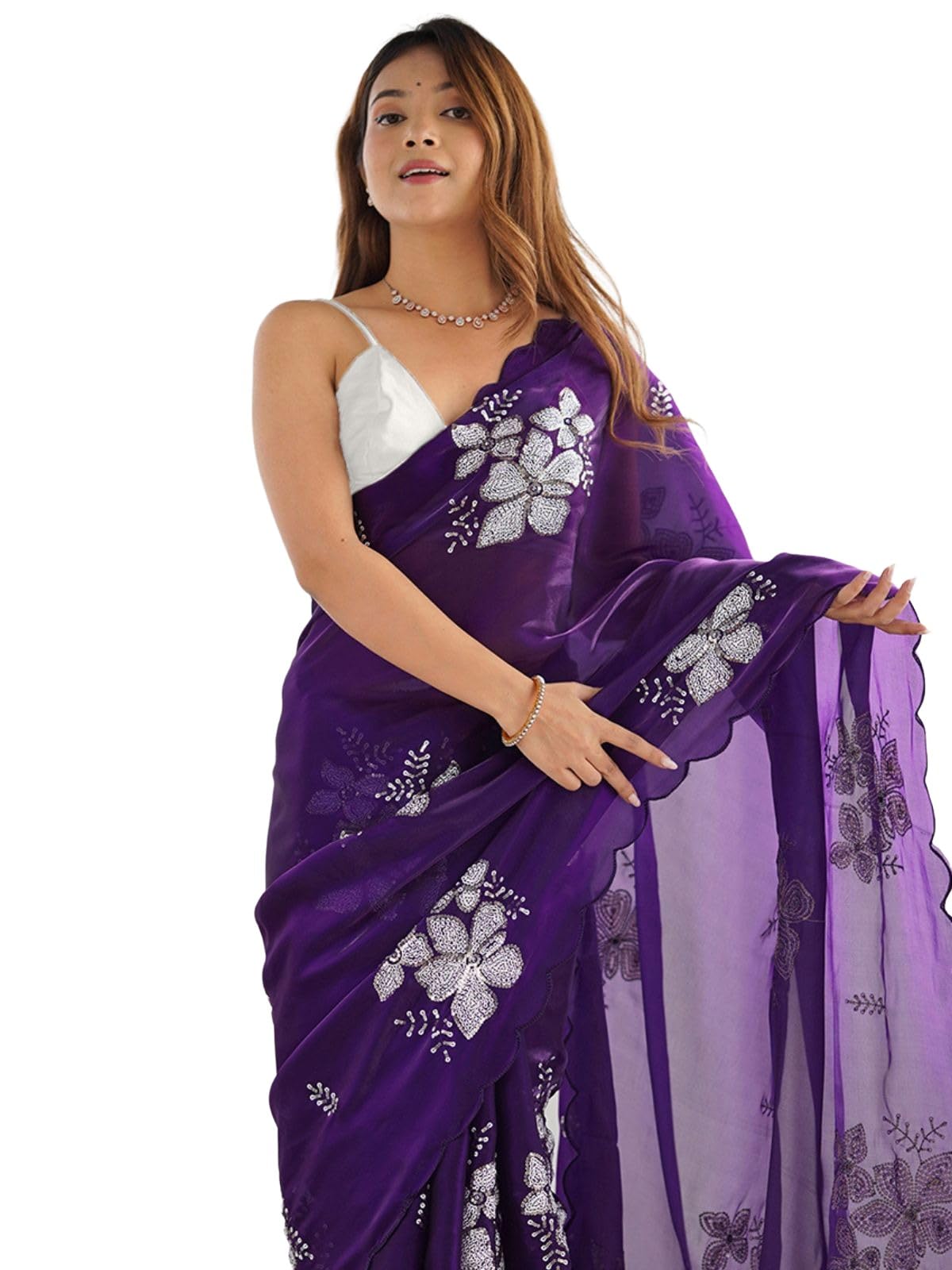Satrani Women's Sequins Embroidery Chiffon Saree (3997S128N_Dark Purple)