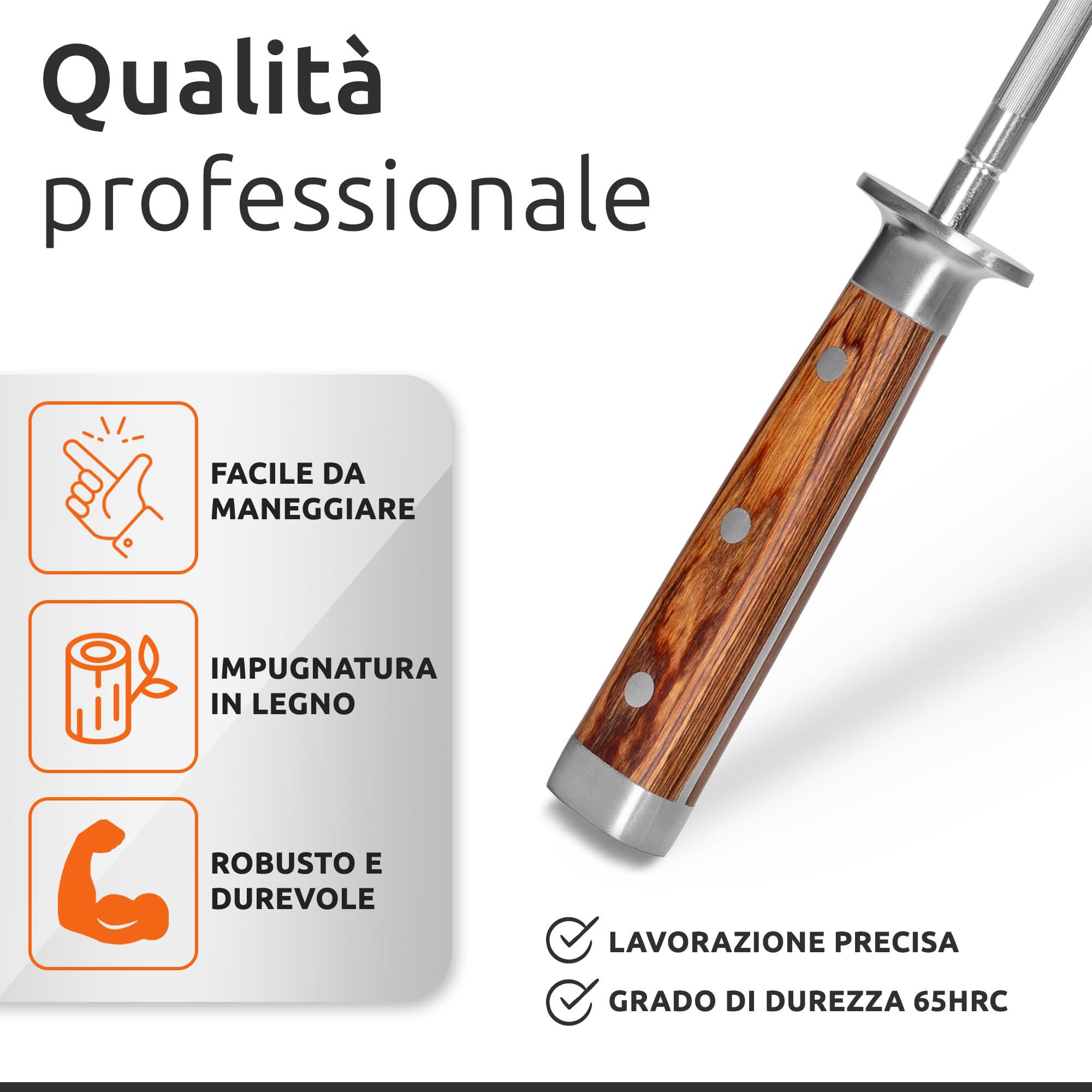 ECENCE Acciaino Affilacoltelli, Affilatore professionale di coltelli in acciaio inossidabile (65HRC), asta di affilatura con impugnatura in legno, 39cm Argento