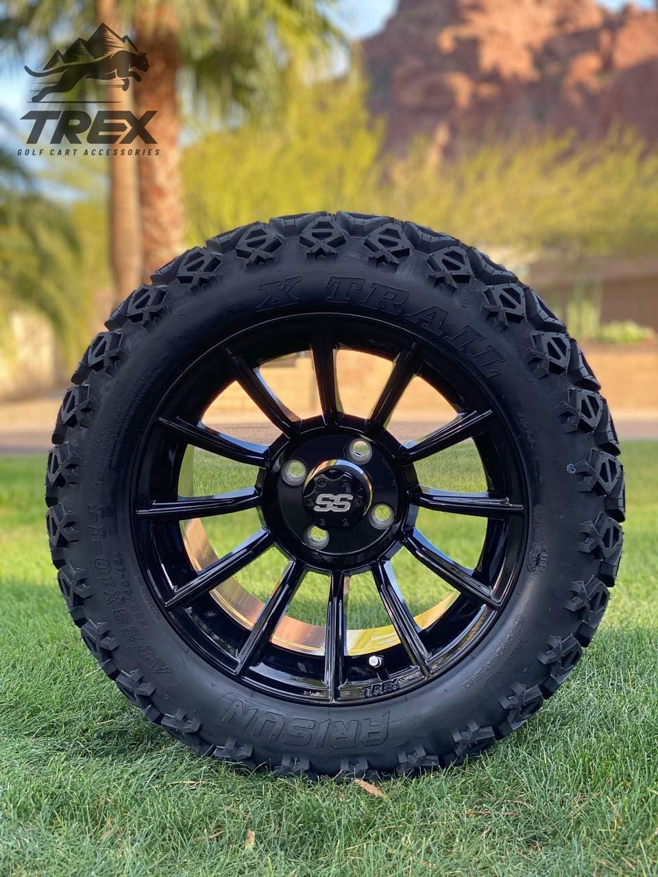 14 TITAN GLOSS BLACK ALUMINIUM WHEELS AND 23X1014 DOT ALL TERRAIN TIRES COMBO SET OF 4