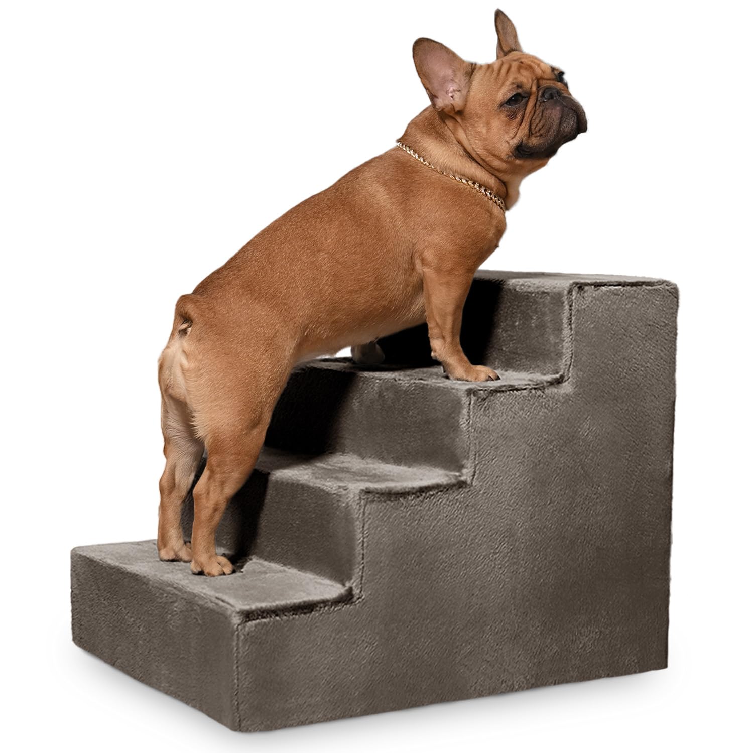 VELORA H&L Hundetreppe 4 Stufen Hellbraun - Stabile Holzkonstruktion mit Veloursbezug, rutschfeste Hundetreppe für Sofa und Bett, Haustiertreppe für Hunde und Katzen, Belastbar bis 80 kg