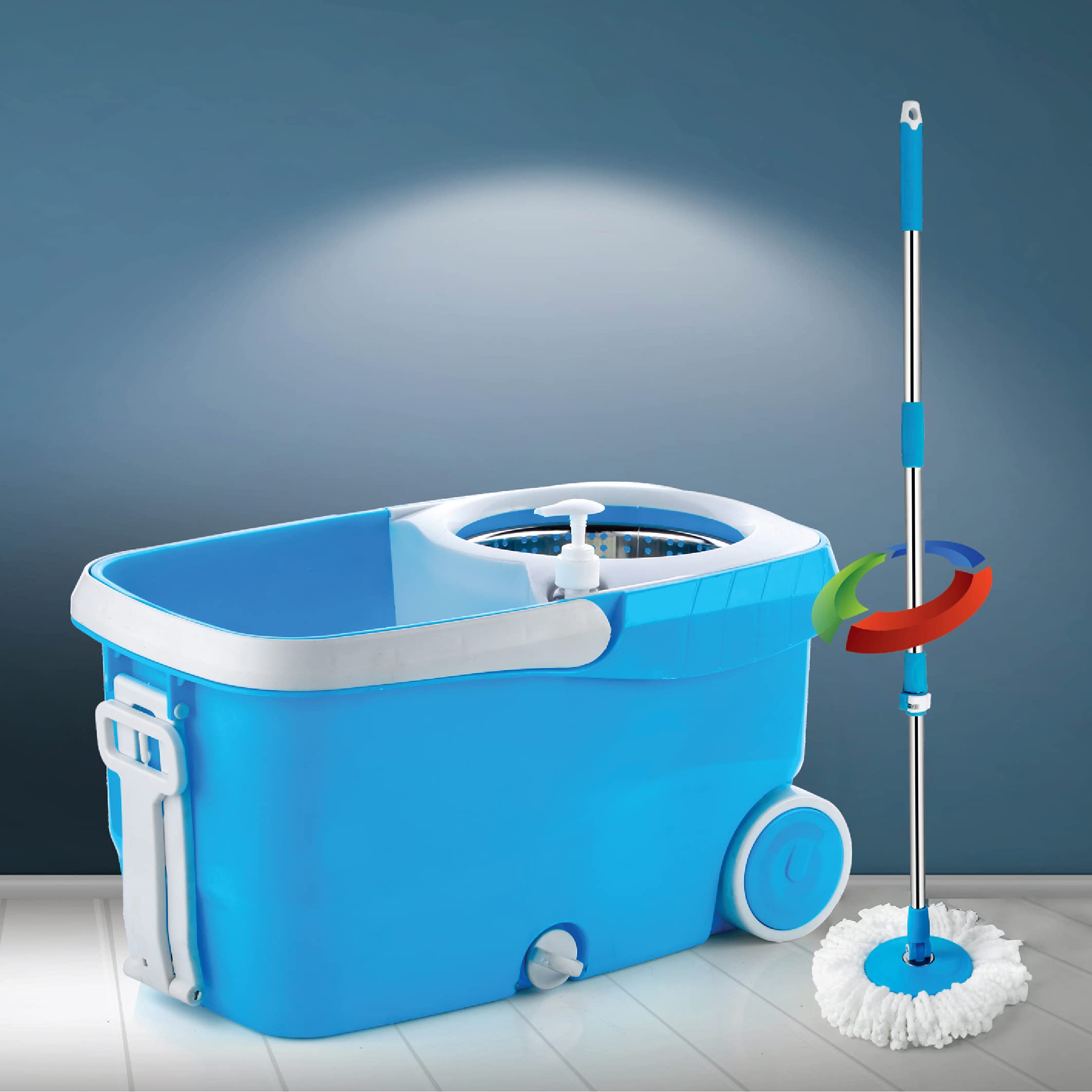 Plantex Deluxe ABS Plastic Mop with Stainless Steel Wringer Basket, Liquid Dispenser, Big Wheels,2 Microfiber Refills,Mopping Set, Cleaning Mop Stick