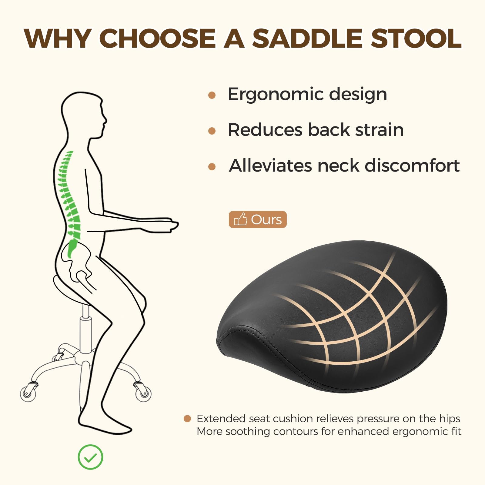 BEWISHOME Ergonomic Saddle Stool with Wheels, Swivel Height-Adjustable Black