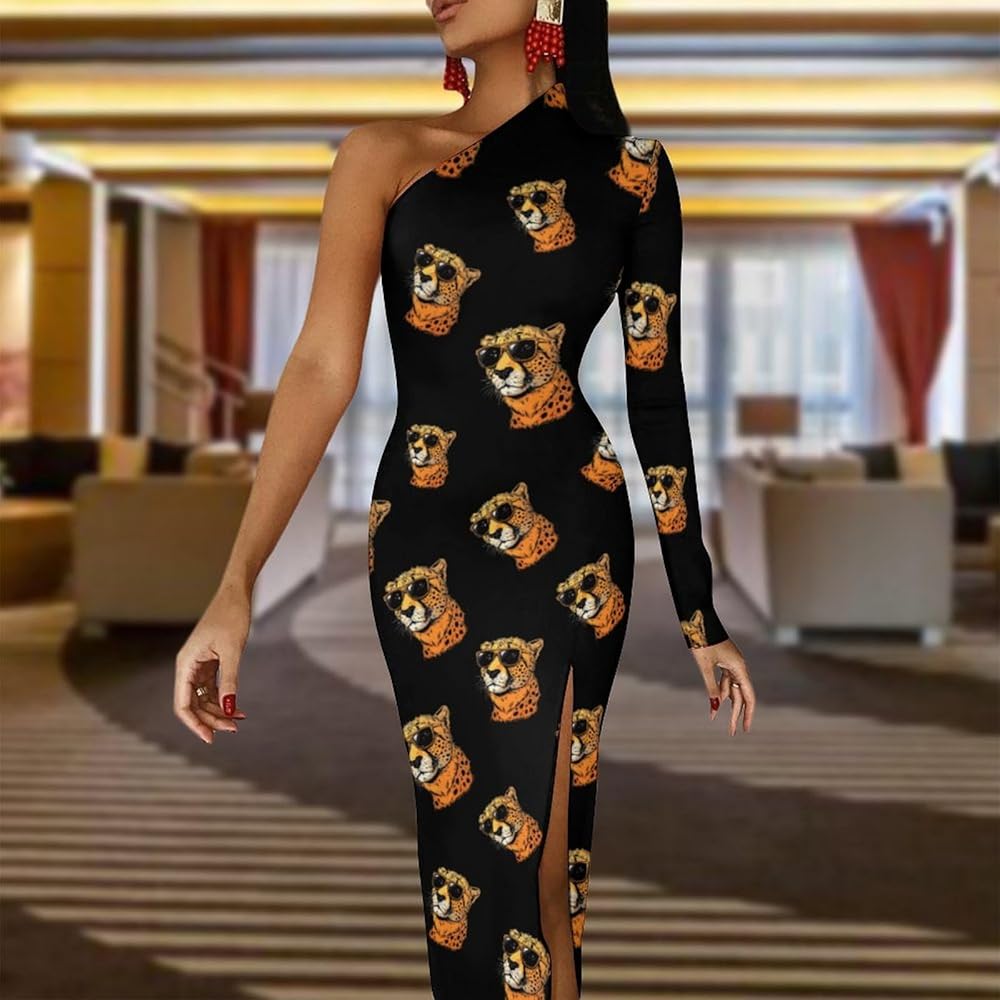 Amazon.com : Leopard Cheetah Wearing Glasses Women's One Shoulder Maxi Dress  Long Sleeve Bodycon Split Cocktail Party Long Dresses XS : Sports & Outdoors