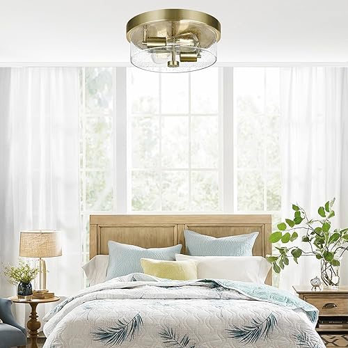 Miniatura 7 de Lámparas de techo de montaje empotrado, montaje de techo de latón de 2 luces para granja con pantalla de vidrio semillado, lámpara de montaje