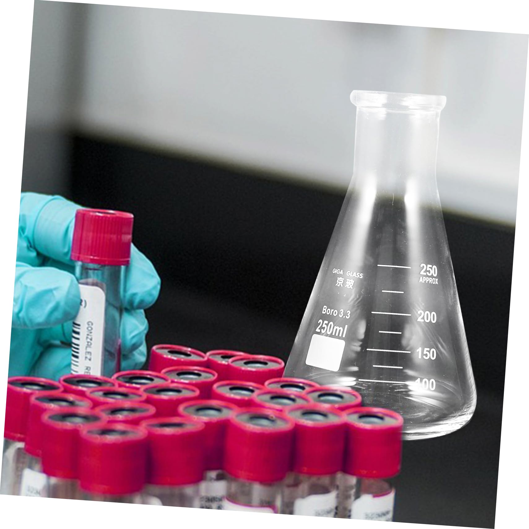 Beuta Conica in Vetro Borosilicato 4 Pezzi per Laboratorio | Forma Triangolare a Collo Largo, senza Bave e Misurazione Accurata, per Scuola e Lezioni di Chimica
