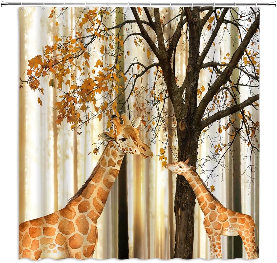 FEIERMAN Giraffe Shower Curtain Abstract Fall Forest Tree Leaves Giraffes Animal Decor Natural Landscape Curtains with Hooks, 70'' x 70''