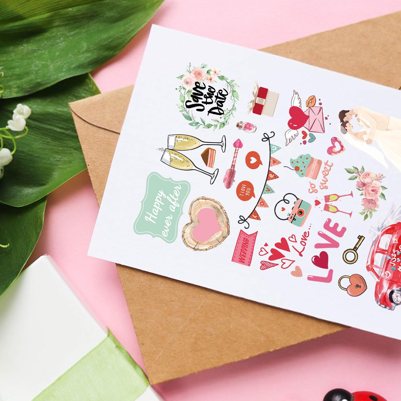 Lot De 5 Transferts à Frotter Mariage – Couleurs Rose Et Marron – Scrapbooking, Artisanat