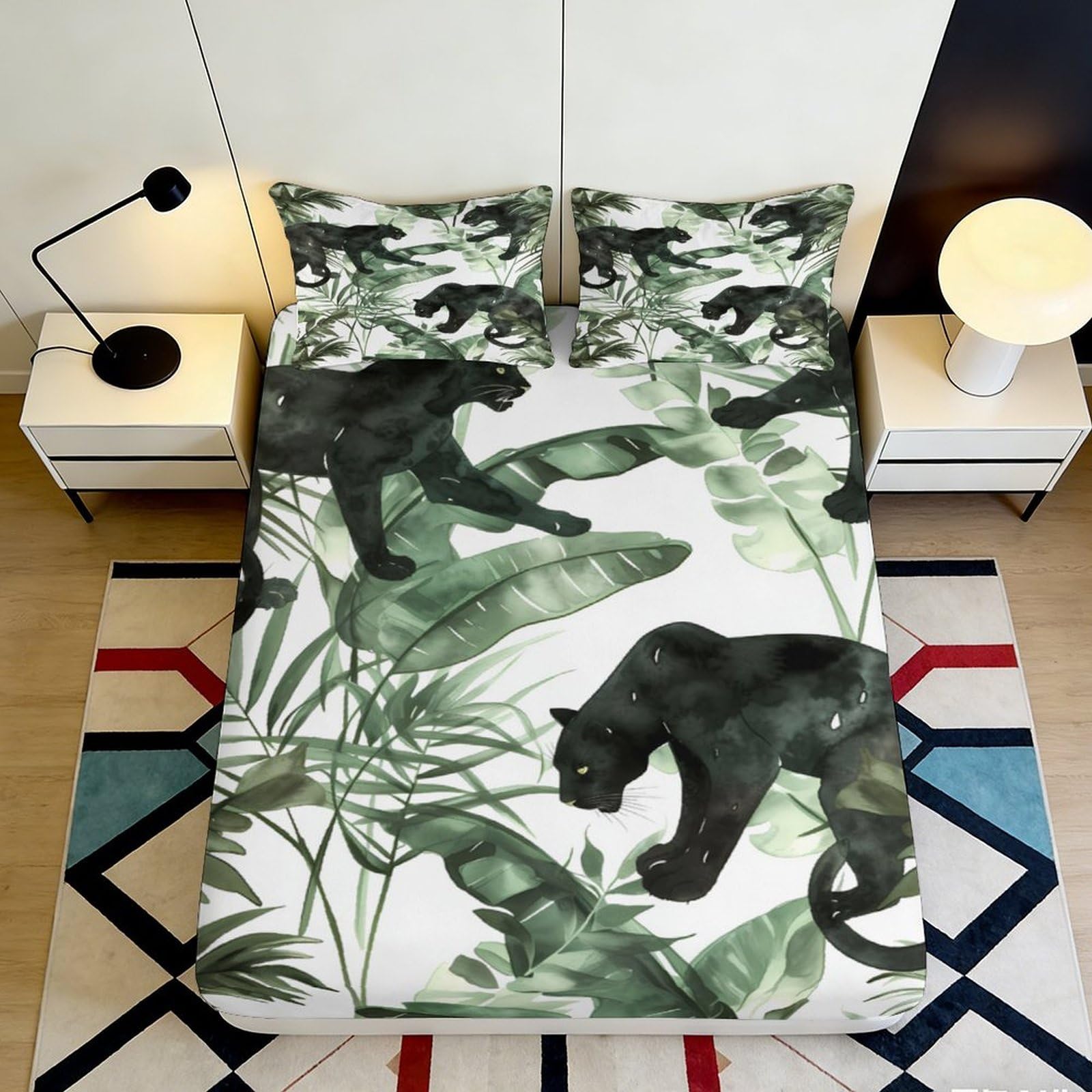 3D Printed Panther Jungle Fitted Sheet Microfiber Deep Pocket Non-Slip Bedroom Bedding Panther Mattress Fitted Cover for Adults Teens 180x200x25cm