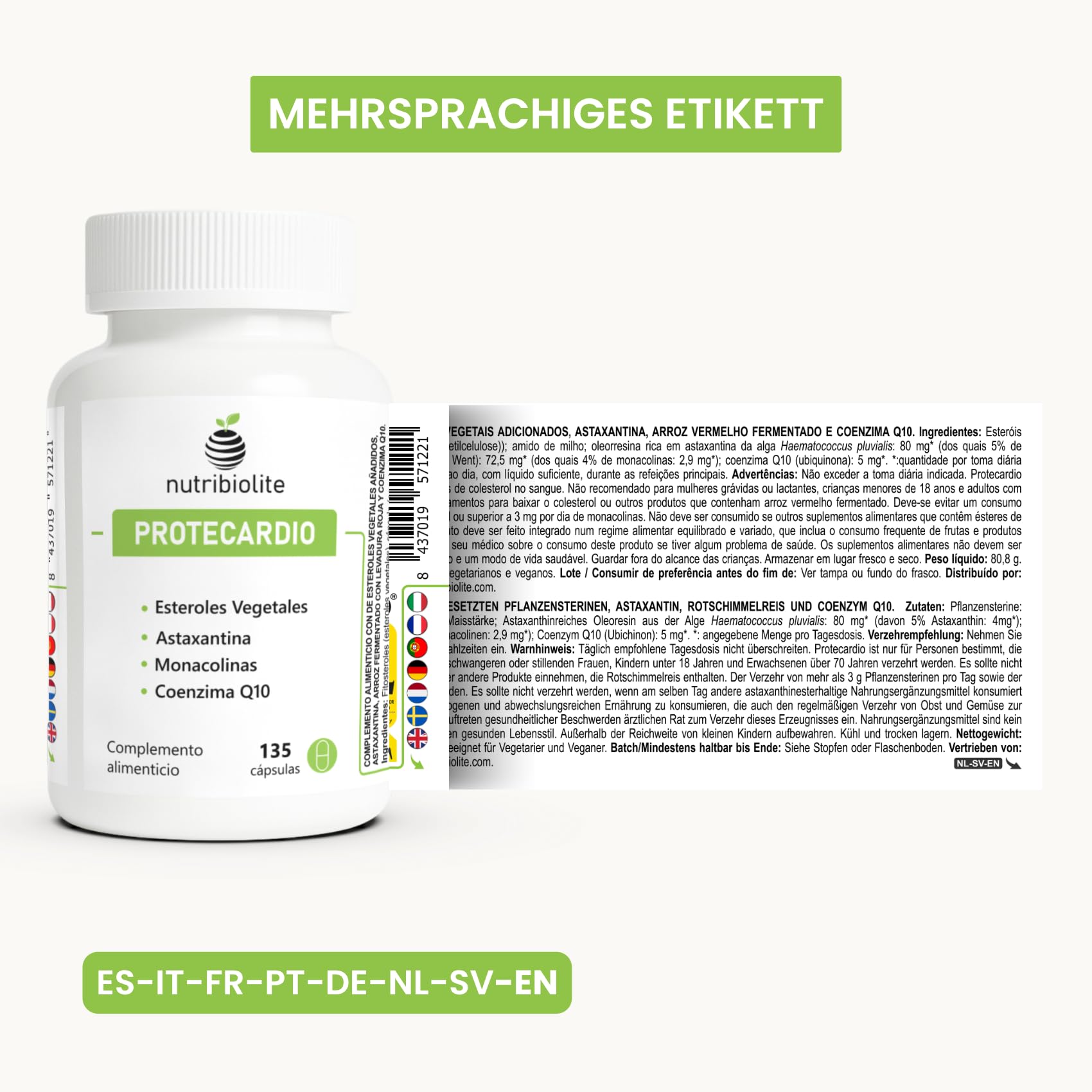 Cholesterin Komplex mit Pflanzlichen Sterolen 997,5 MG, Roter Reis (Monakoline), Coenzym Q10 & Astaxanthin – 135 vegane Kapseln ohne Zusatzstoffe | Protecardio Nutribiolite