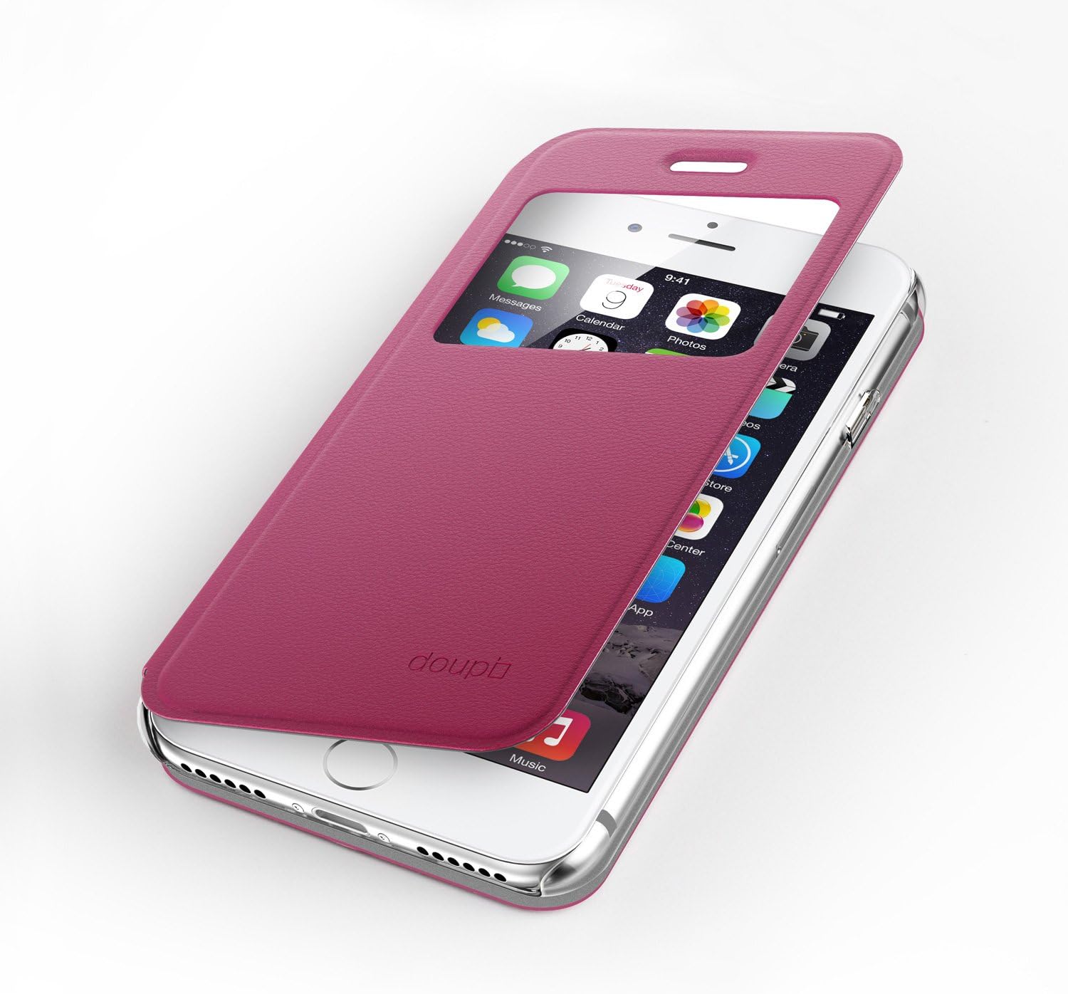 doupi Flip Cover for iPhone 8/7 Plus (5.5 inch), with Viewing Window Magnet Protective Flip Case BookStyle Screen Protector Stand, red pink