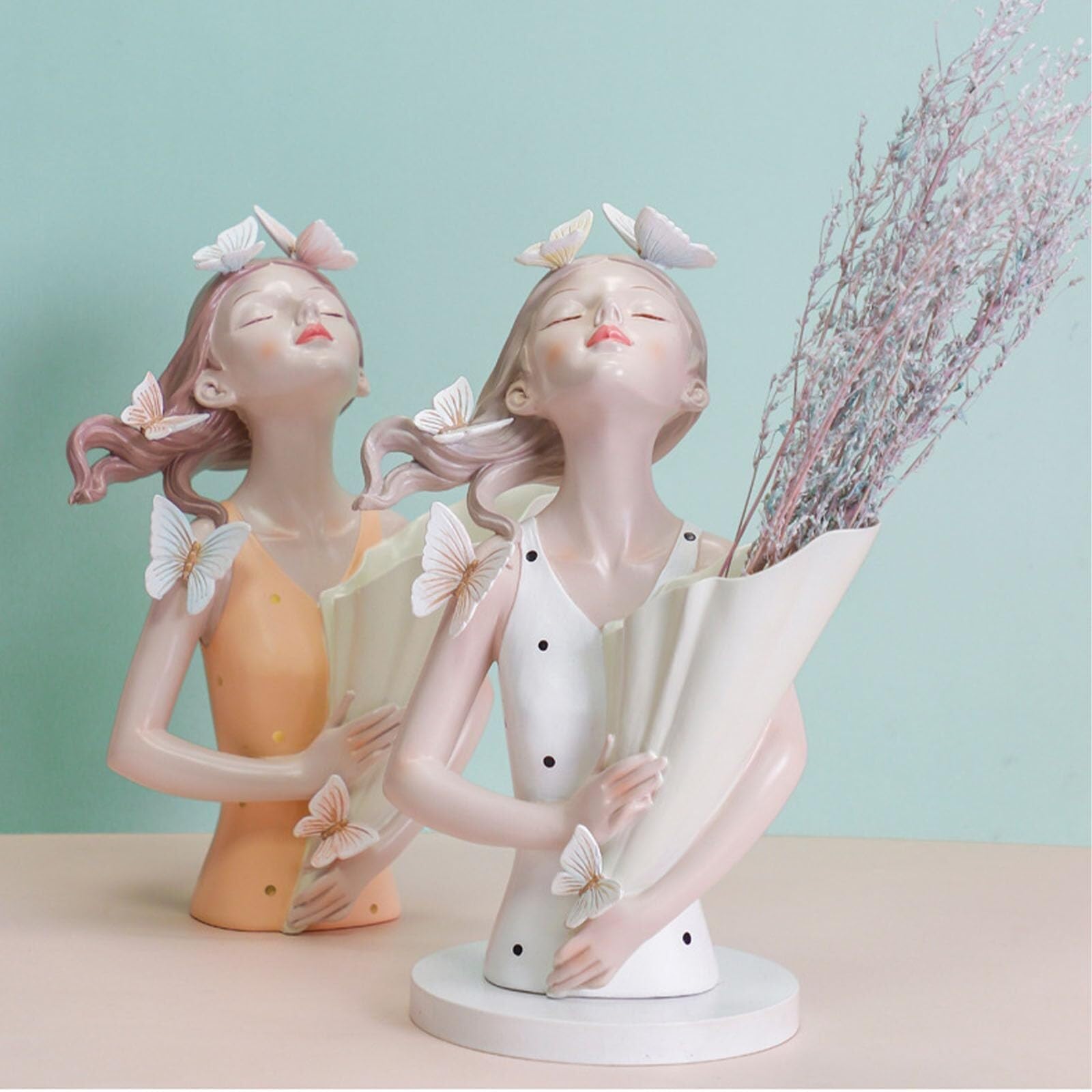 Regali per donna Elegante statua di ragazza in stile nordico con decorazione a farfalla e fiori artificiali al centrotavola Decorazione da scaffale(Gray)