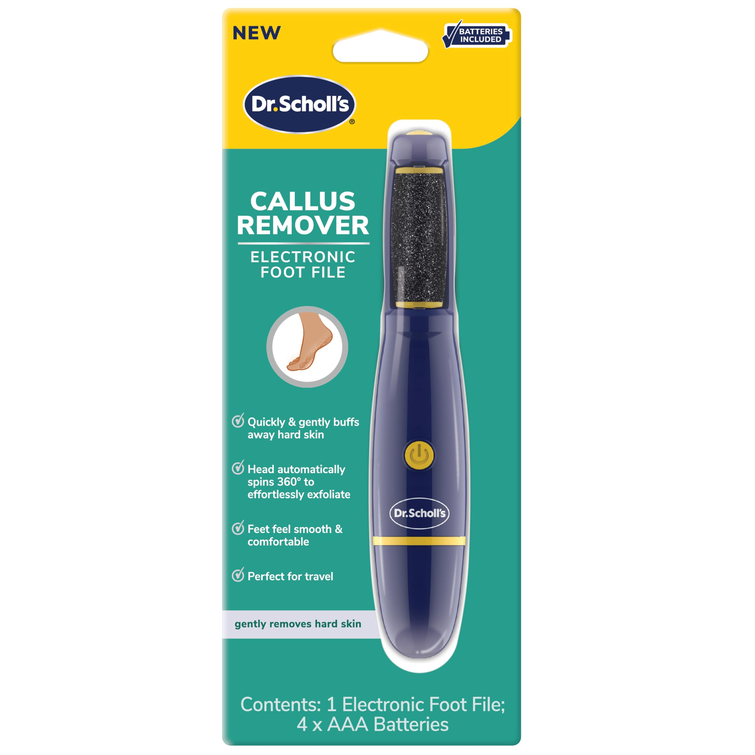 Dr. Scholl'sCallus Remover Electronic Foot File, Electric Hard Skin Removal for Feet, Effortless Soft Smooth Skin in Minutes, Perfect for Travel, for Women & Men, AAA Batteries Included