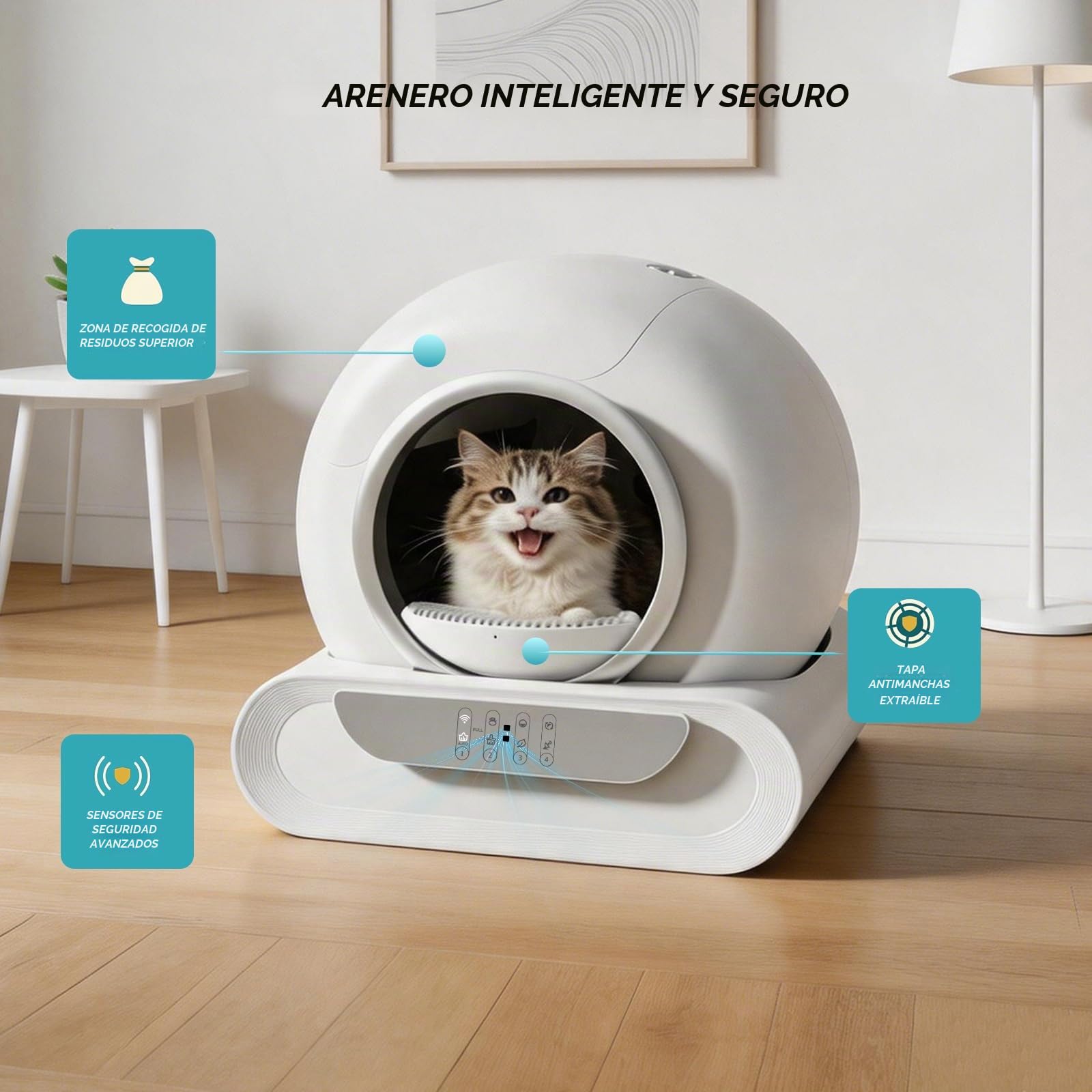 Arenero Automatico 74 L con Sistema Seguridad Avanzado | Desodorizante, Controlado por Aplicación con Alfombra Arenero Gato 6 Rollos Bolsas Basura, 2 Filtros para Varios Gatos