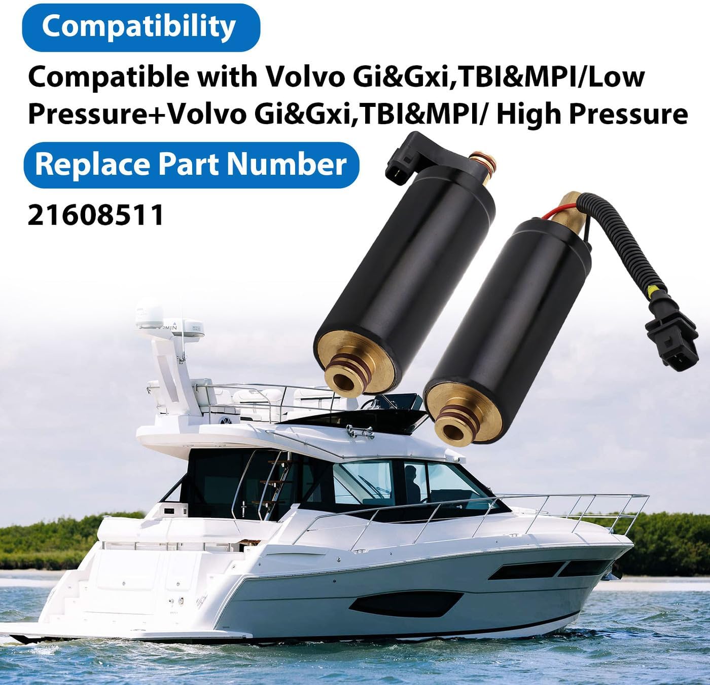 Electric Fuel Pump High + Low Pressure Compatible With Volvo Outboard Marine Penta EFI Fuel Injected Engines: 4.3L 5.0L 5.7L 7.4L 8.1L 8.2L GI GXI GSI OSI OSXI, Replaces 3588865 3861355 21608511