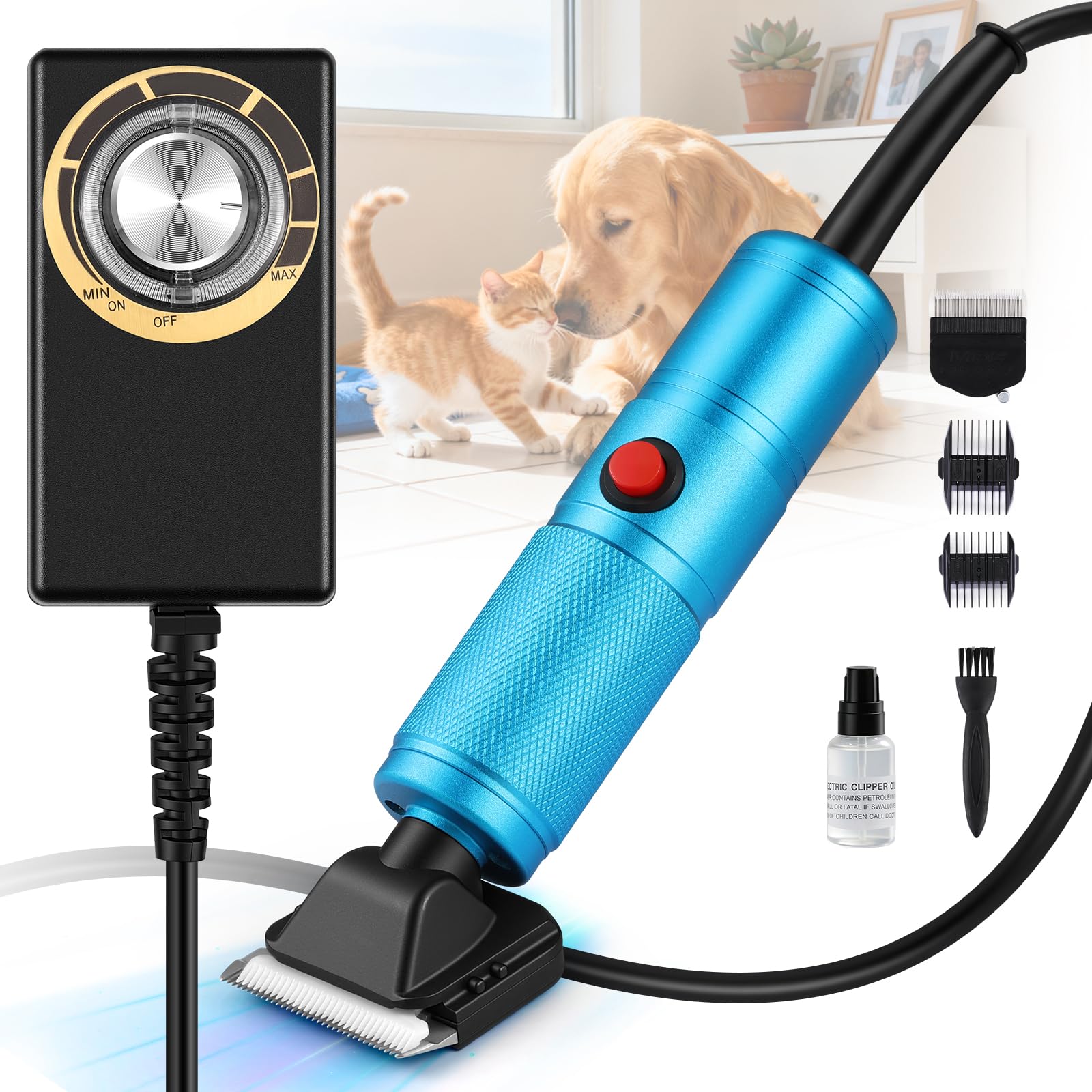Moongiantgo Tosatrice per Cani Professionale da 300W, Controllo della Velocità 2000-6000RPM, Lame in Ceramica Rimovibili, Rasoio per Cani con 1 Lama Extra & 2 Pettini (Blu)