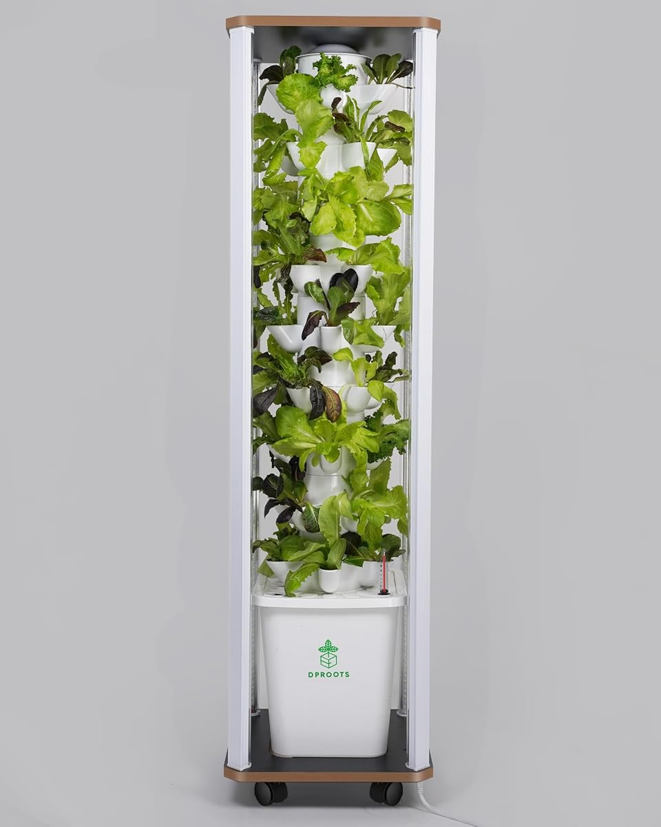 Sistema de cultivo de torre hidropónica, jardín interior vertical de 45 cápsulas, luces de espectro completo de 360°, sistema de circulación automática de agua, adecuado para verduras de hojas verdes y hierbas, incluye bandeja de inicio de semillas