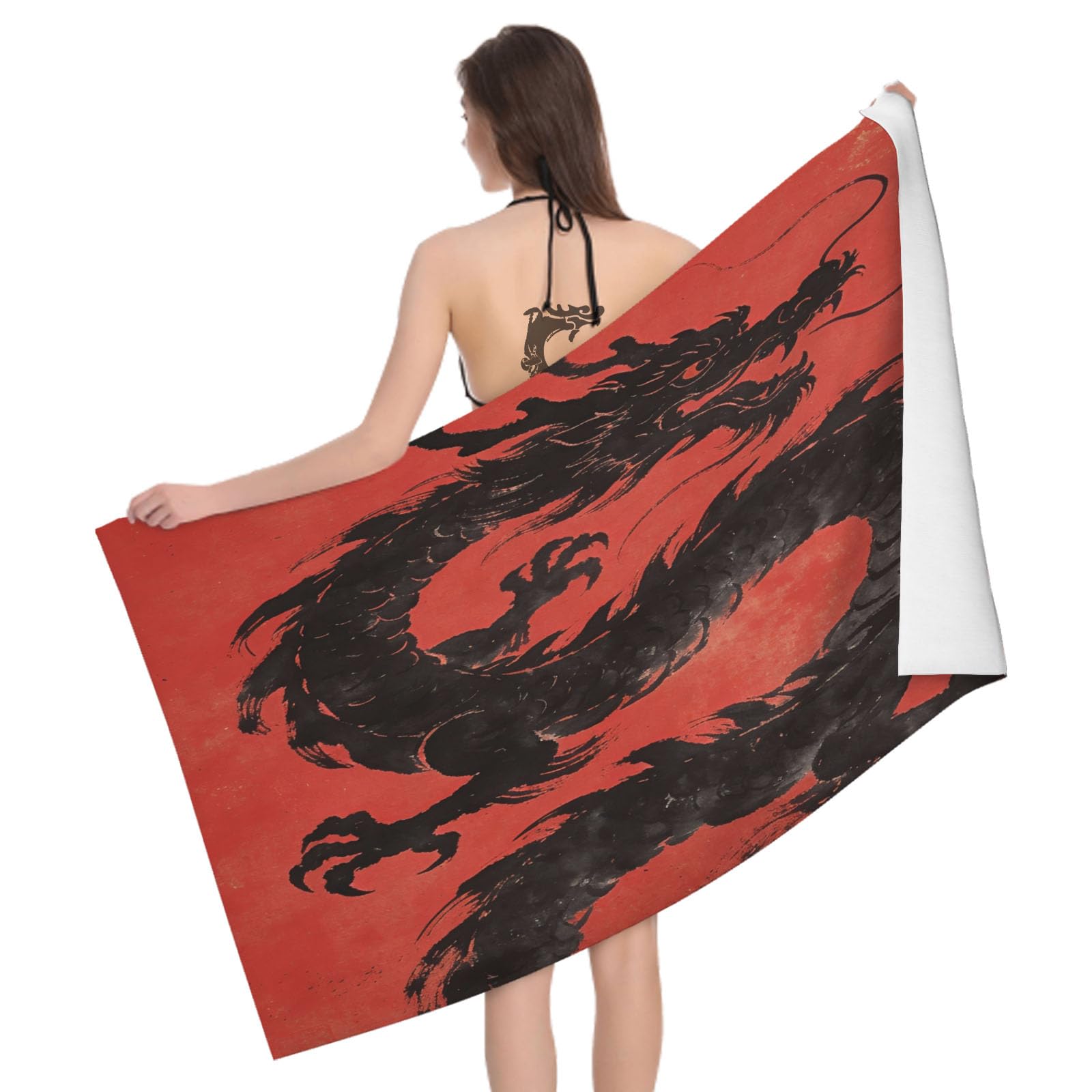 Leichong 3D Chinese Dragon Pattern Beach Towel Microfiber Soft Quick Dry for Adults, Red Print Bath Towel Lightweight Soft Absorbent for Travel Swimming Pool Sports, 75 x 150 cm