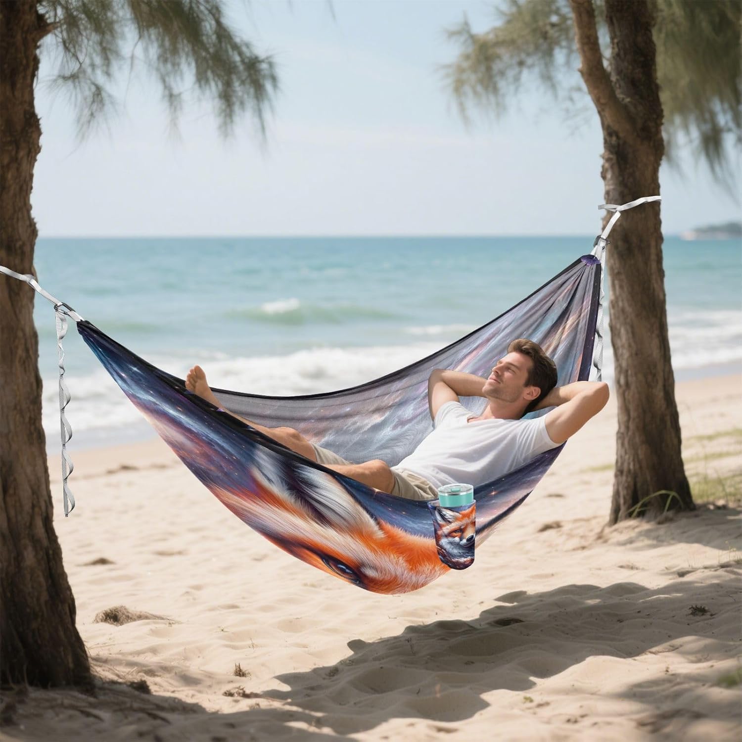 ALAZA Fox Galaxy Nebula Camping Hammocks Single or 2 Person 500 lbs Portable Parachute Travel Hammock w/Tree Straps for Hiking Backpacking Indoor Outdoor