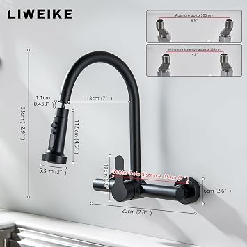LIWEIKE Wall Mounted Kitchen Tap with 3 Setting Modes Sprayer Single Handle Mixer Tap 360 ° Rotation Kitchen Sink Tap with Adjustable Mounting Hole