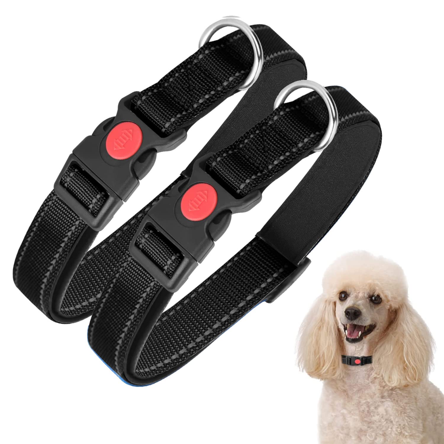 Nobleza - 2× Collar Perro, Collar Nylon Reflectante Suave Acolchado para Perros, Ajustable Collar Perro Pequeño con Cerradura de Seguridad, Collares de Entrenamiento para Perros (S, Negro)