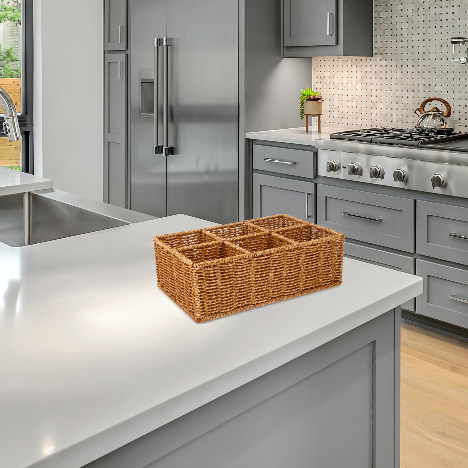 Organizador Cesta de Cubiertos Caqui de Ratán Plástico Color Multiusos Fácil de Limpiar para Cajones y Almacenamiento en Cocina