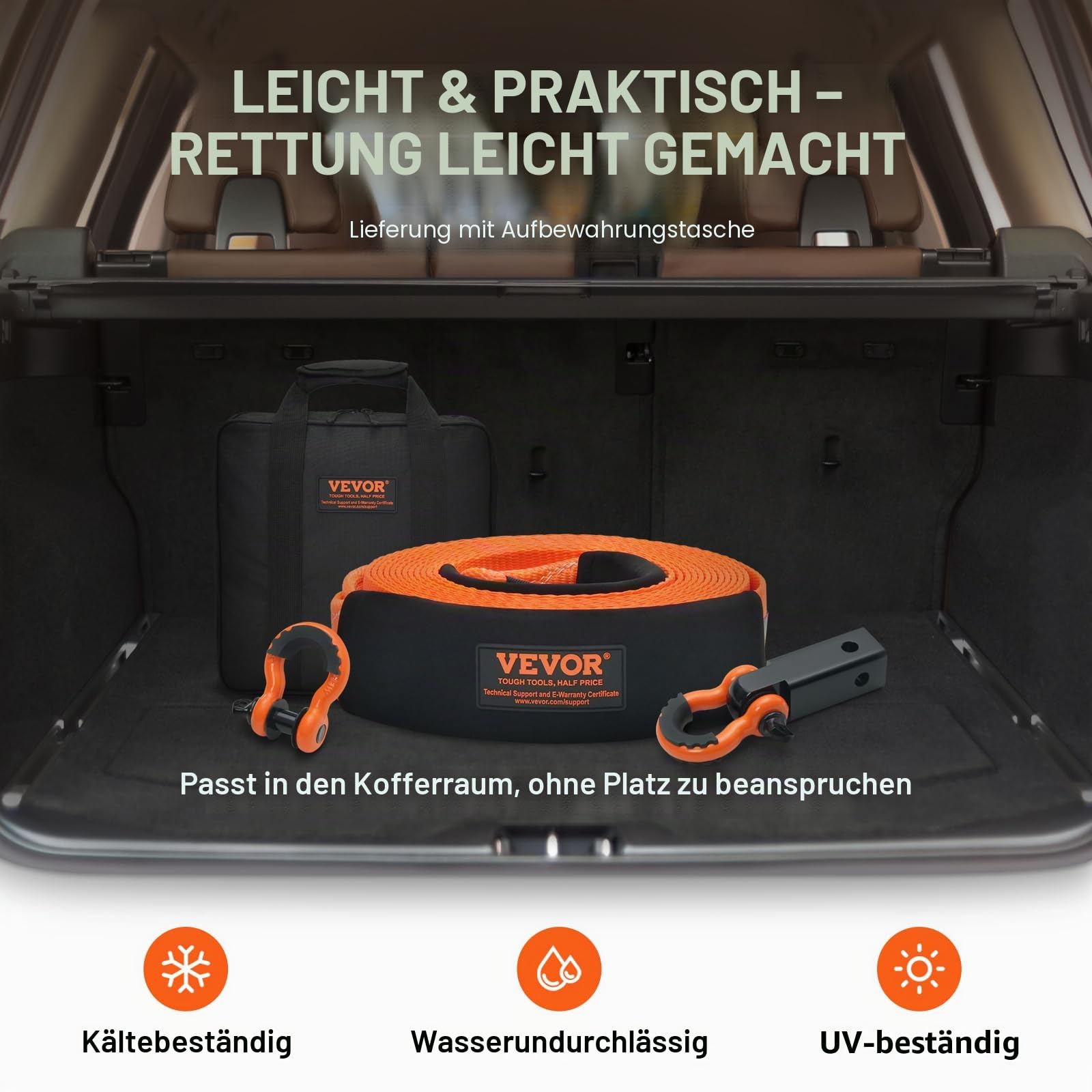 VEVOR Abschleppgurt aus Polyester, 7,6 cm x 9,1 m (16329 kg), Windengurt, dreifach verstärkte Schlaufe, Bergegurt 5,1 cm Anhängerkupplungsaufnahme 1,9 cm D-Ring-Schäkel (2 Stück) Aufbewahrungstasche
