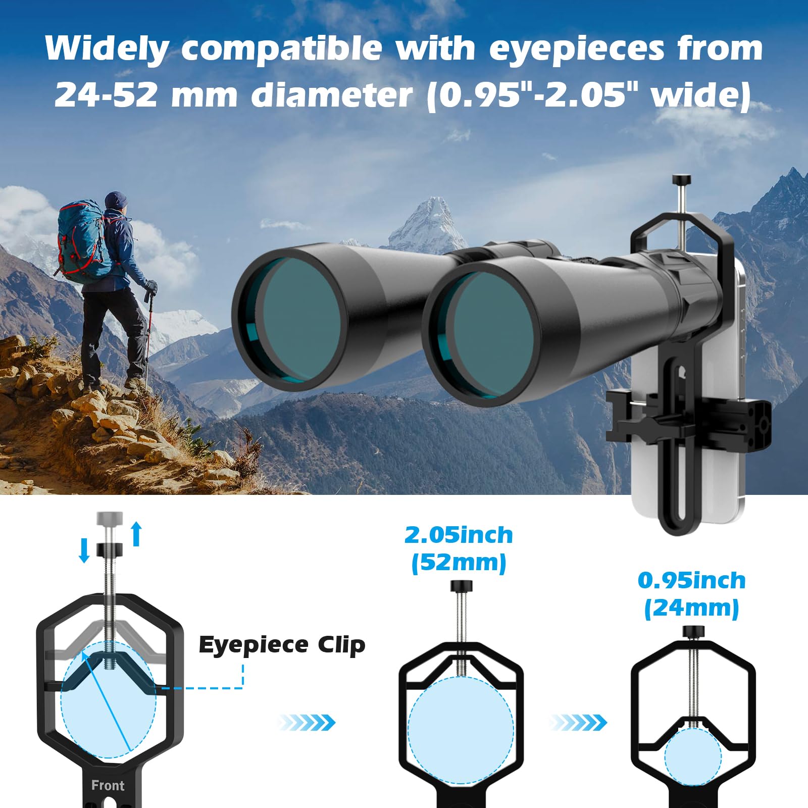 Adaptador Metálico para Telescopio y Teléfono - Soporte Universal (Ancho 5,3-9 cm) para Telescopios, Binoculares, Microscopios y Visores (Diámetro Ocular 2,4-5,2 cm)