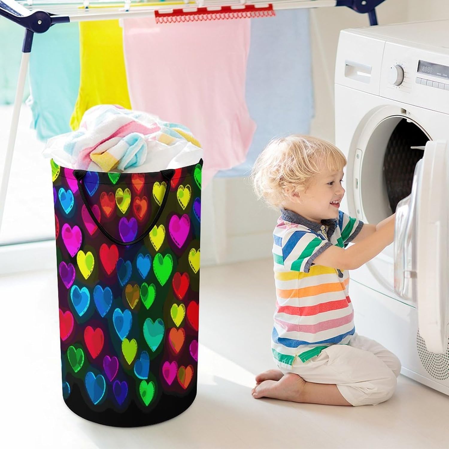 Rainbow HeartsLaundry Hamper - Large Dirty Clothes Bag.Storage Basket for Easy Carry Handles. Large Clothes Basket with Handles, Clothing Storage Bucket Toy Organizer for Bathroom Bedroom Dorm.