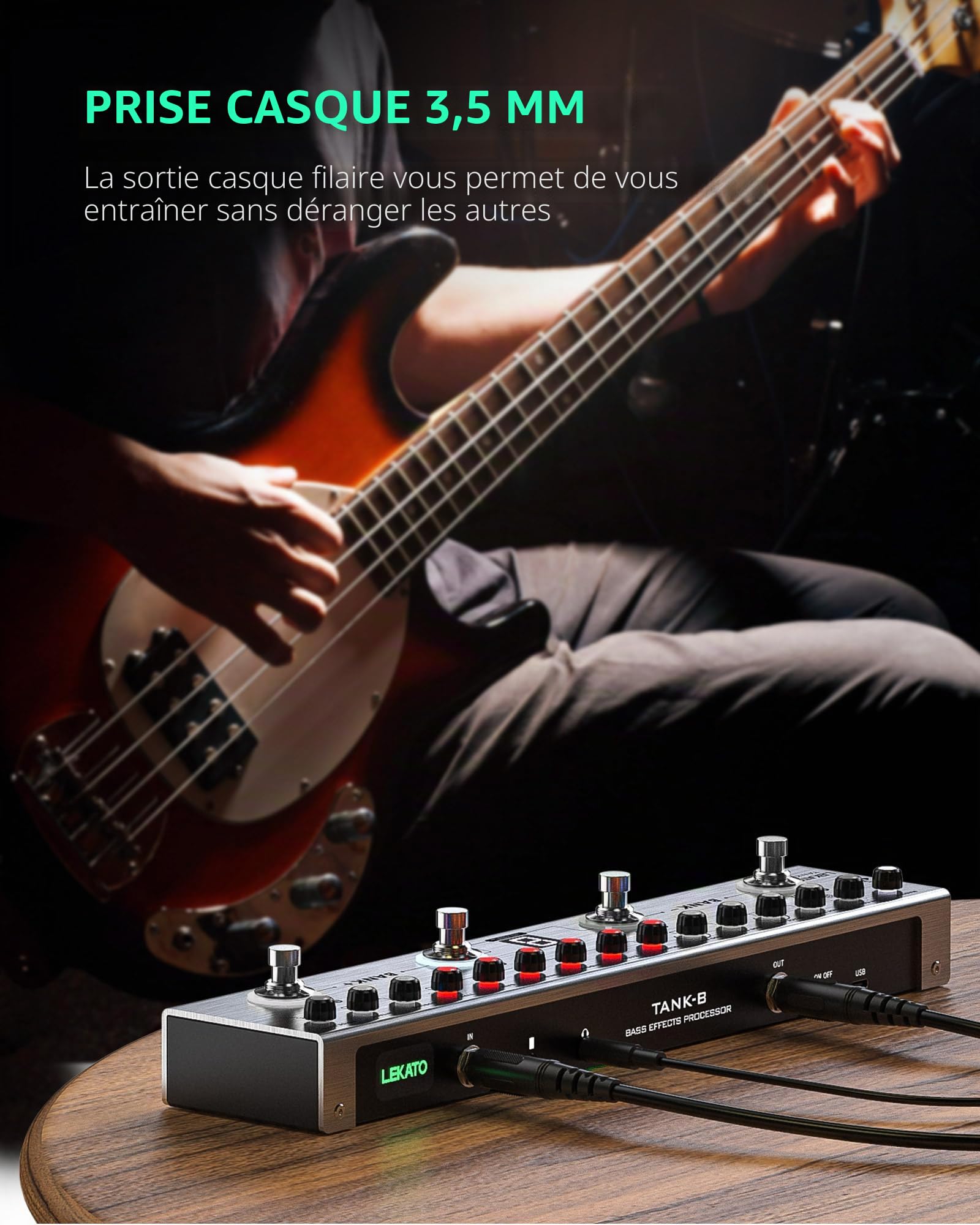 LEKATO Pédale d'effets multiples pour basse avec 36 presets éditables, compresseur, Space, MOD, Reverb, chargement IR, enregistrement, accordeur, batterie intégrée, connexion BT (Bass)