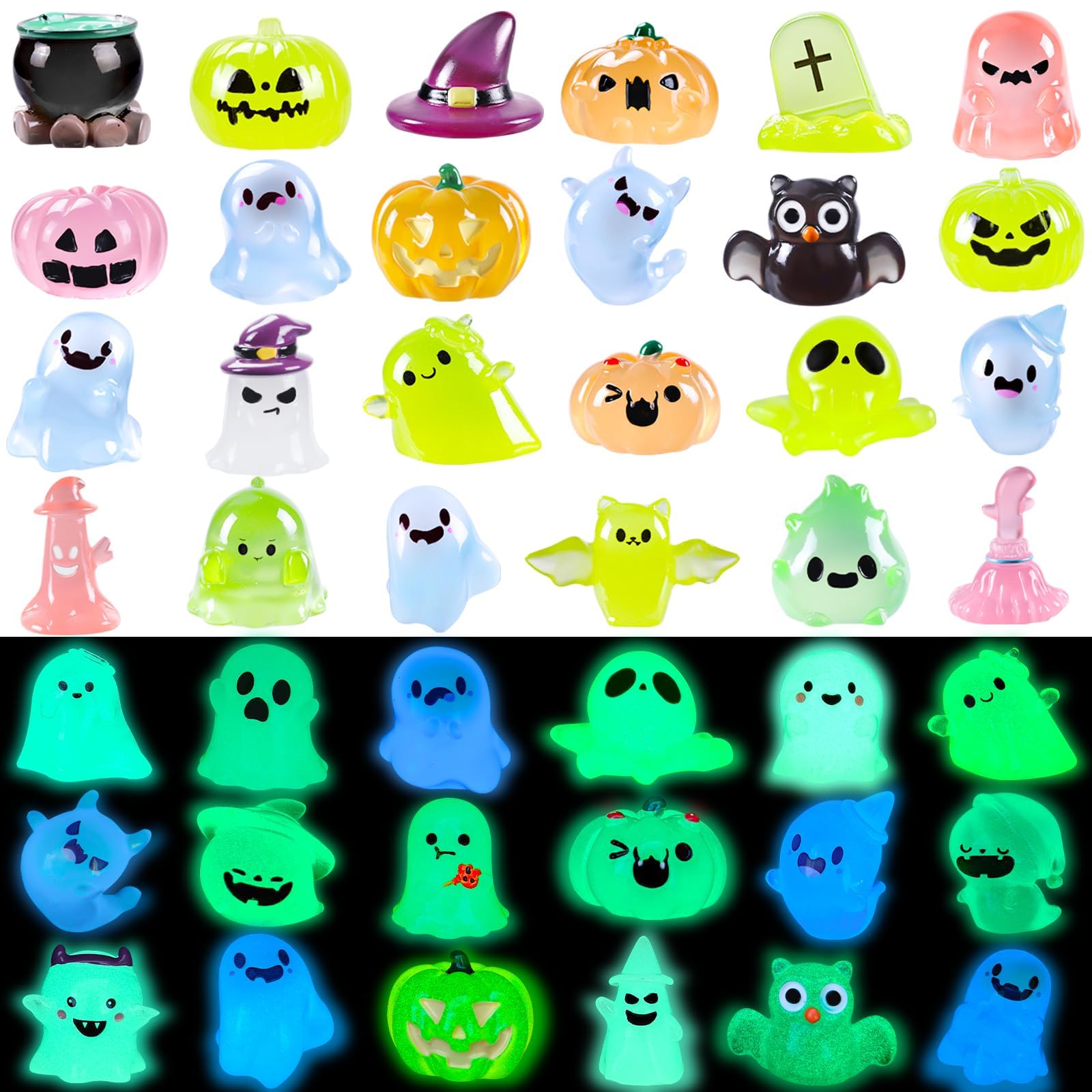 XIMISHOP 32PCS Mini Halloween Resin Luminous Ornaments,32 Styles Little Tiny Halloween Resin Pumpkins Ghost Miniature Small Halloween Plastic Figures Glow in The Dark for DIY Landscape Desk Decor