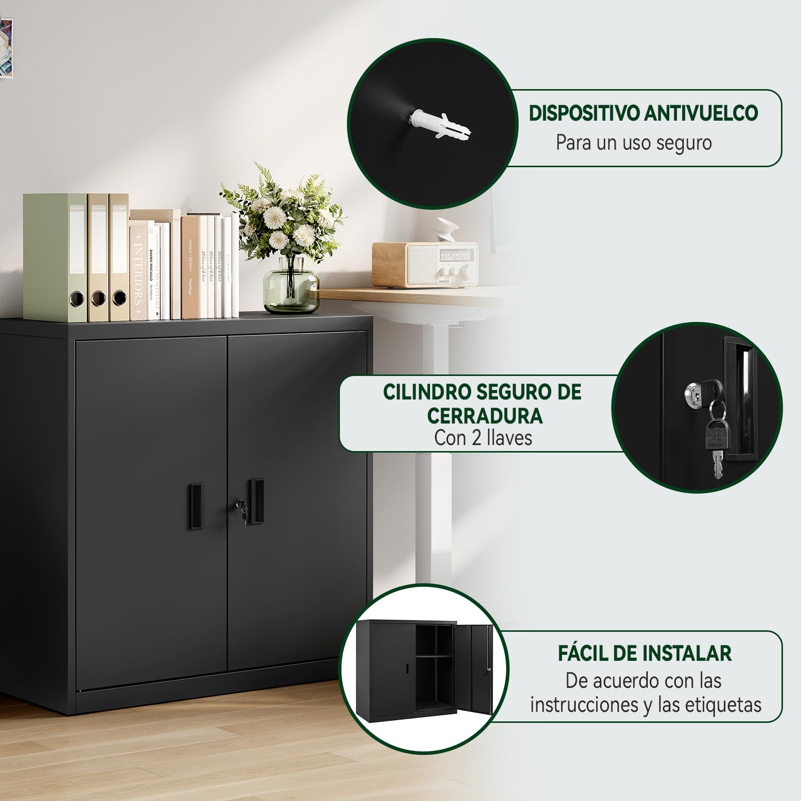 WOLTU Archivador Armario Oficina, Armario Metalico con Cerradura, Cajonera Escritorio Multiusos, Mueble Archivador 2 Puertas, Mueble Auxiliar para Oficina y Estudio, Negro, A90xA92xF40cm, ASK12sz