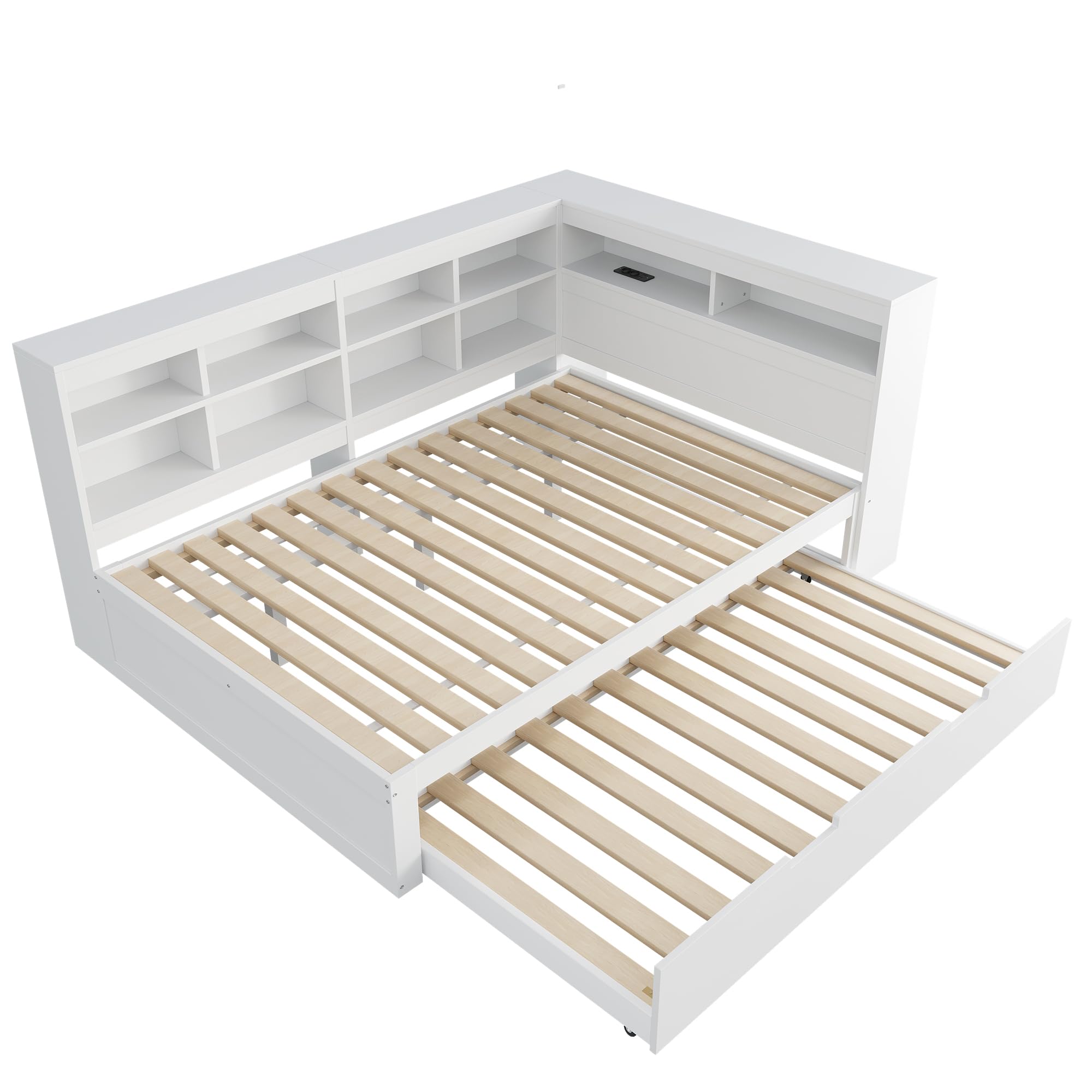Merax Kinderbett 140 x 200 cm mit USB-Buchse, Jugendbett mit Ausziehbarem Bett 90x190 cm und Stauraum, für Kinder & Jugend, Massivholz, Weiß (Ohne Matratze)