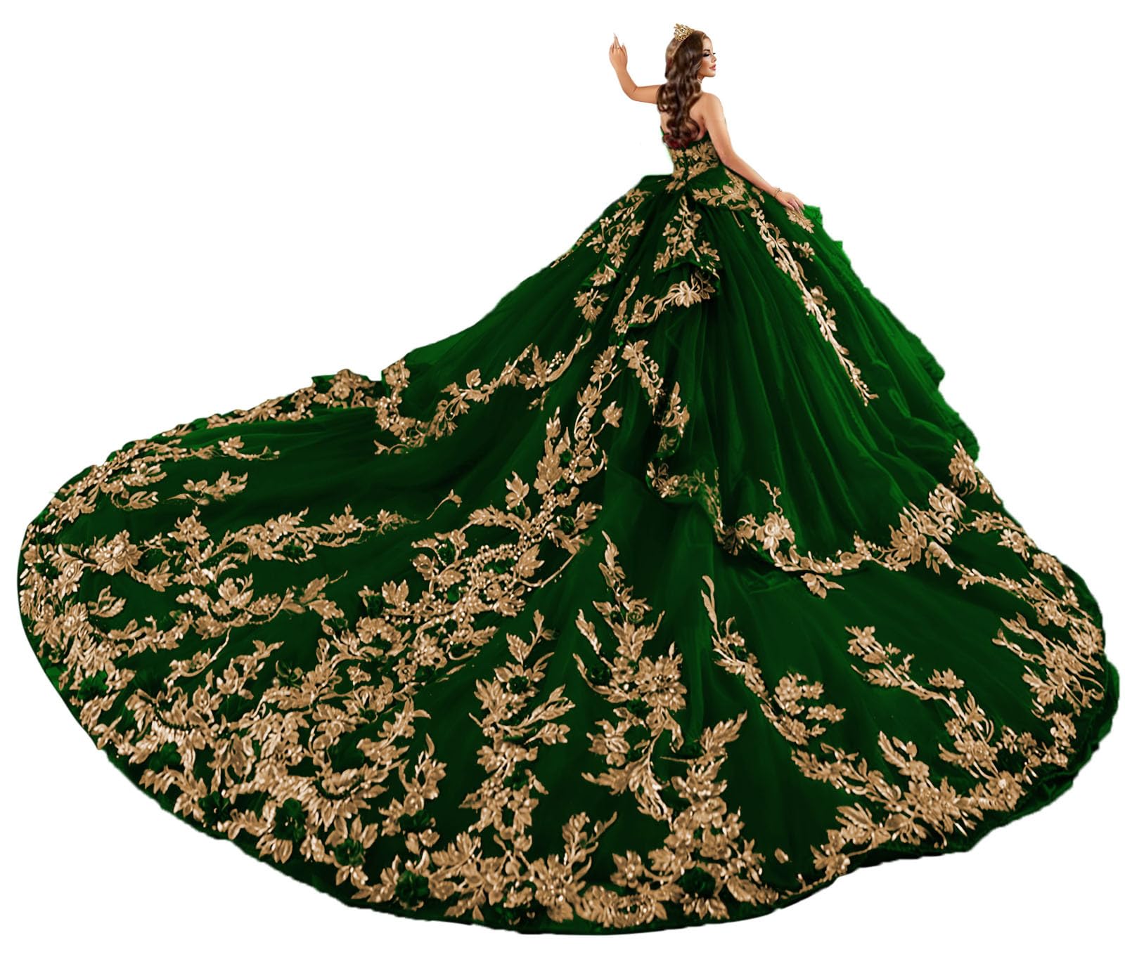 Uiykhr Gold Lace Applique Quinceanera Dresses with Bow 3D Floral Sweet 15 Dress Tiered Puffy Tulle Ball Gown with Long Train