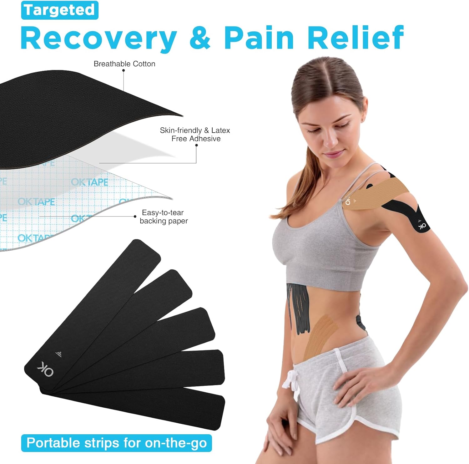 OK TAPE 100Pcs Precut Kinesiology Tape Strips, Elastic Athletic Tape for Joints Support & Muscle Pain Relief, Waterproof, Kinetic Tape for Shoulder, Knee, Ankle (Black, 2 inch x 10 inch)