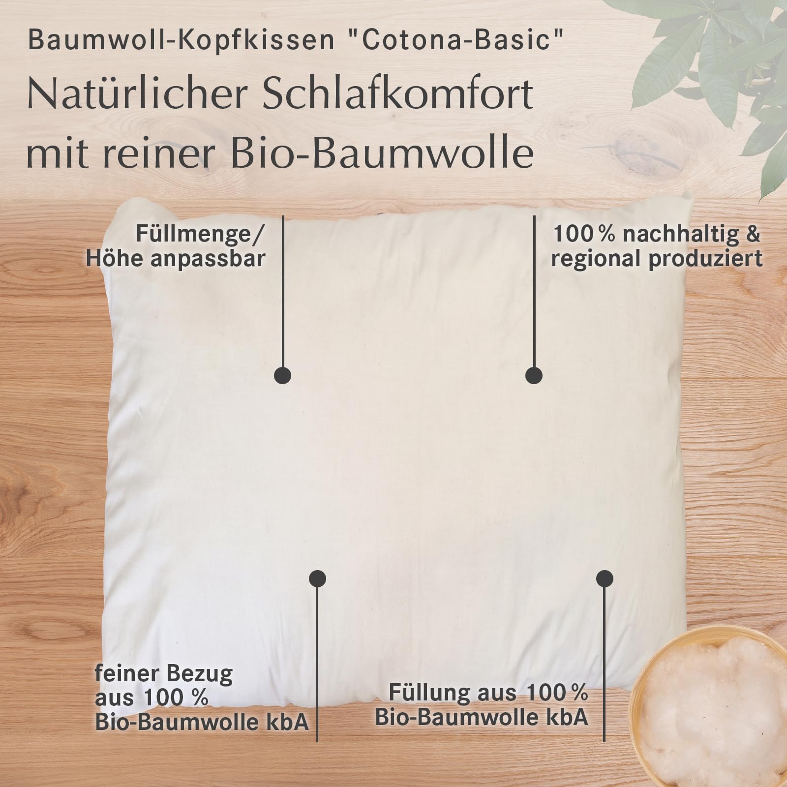 allnatura Baumwoll-Kopfkissen Cotona Basic - 100% Bio-Baumwolle ideal für Allergiker - Höhe anpassbar & maschinenwaschbar - Made in Germany (80x80 cm)
