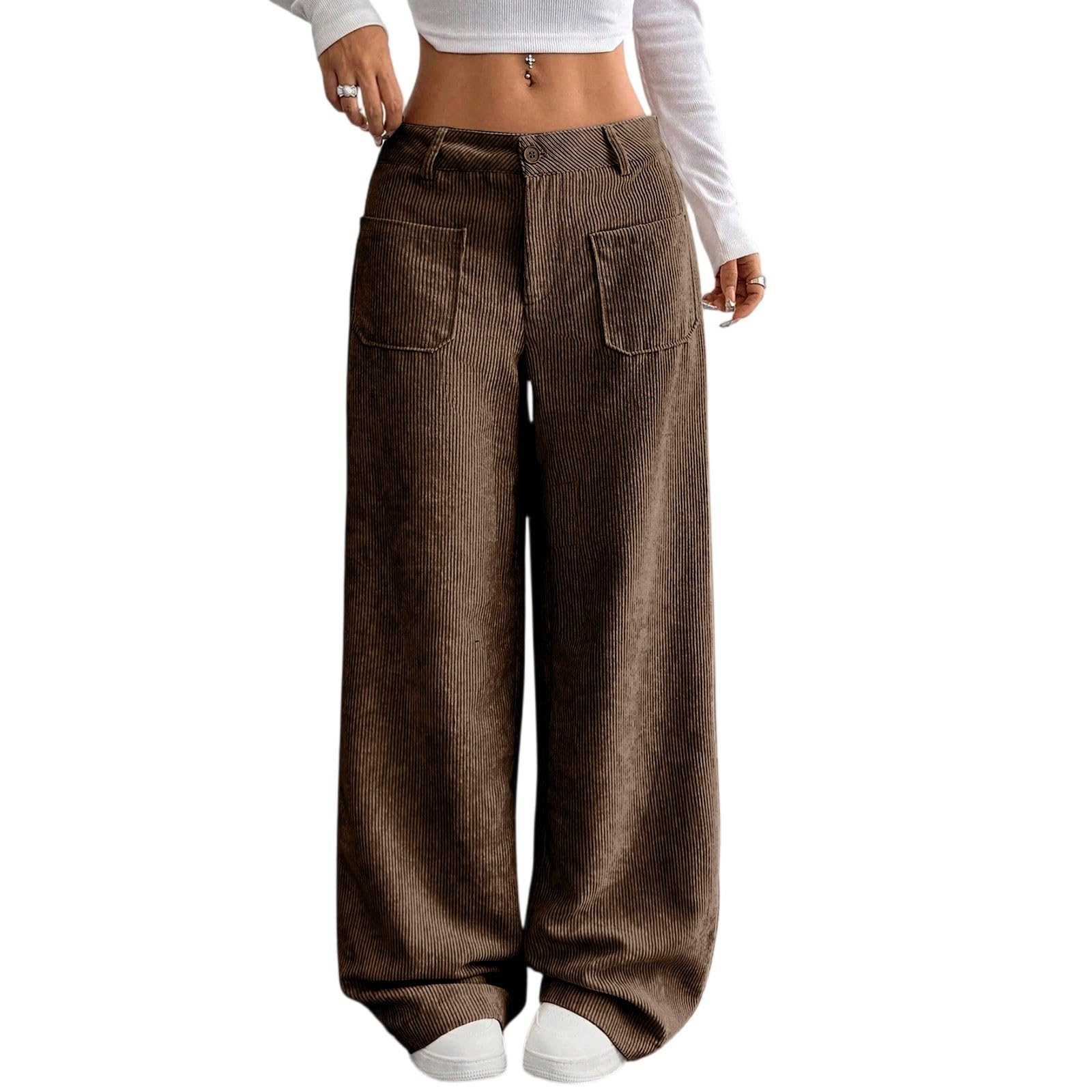 Womens Corduroy Pants Wide Leg High Waisted Loose Casual Trousers with Pockets for Daily Wear
