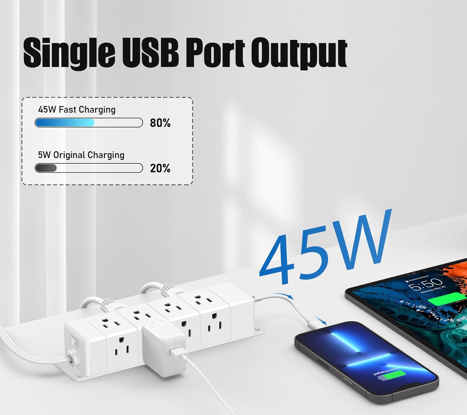 45W USB-C Fast Charging Under Desk Power Strip,12 Outlet Mountable Power Strip with 4 USB,1200J Surge Protection,10FT Flat Extension Cord