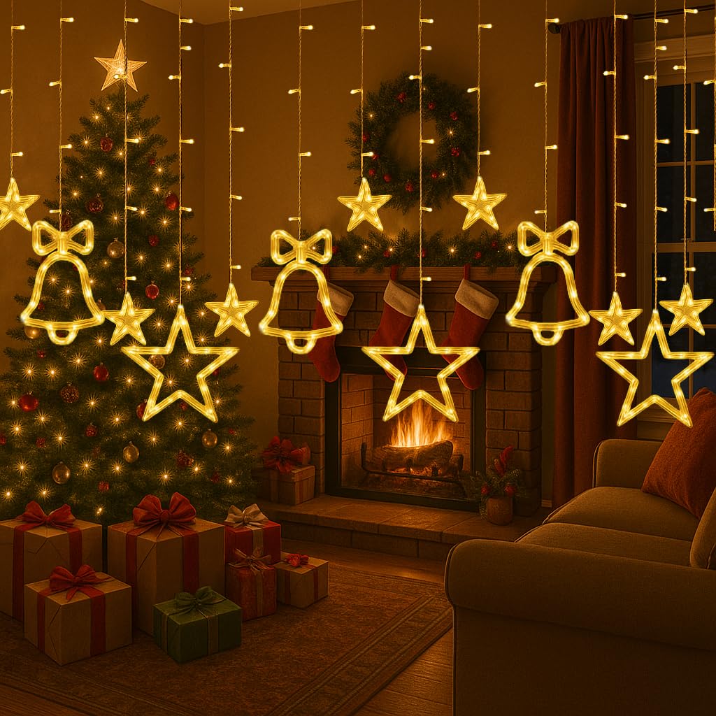 Lichterkette 176 LED Weihnachtsbeleuchtung Fenster, 2,5m Lichtervorhang mit Sternen, Bäumen & Glocken, 15 Stränge, 8 Modi, Timer, 3m Kabel, Weihnachtsbeleuchtung Innen, für Fenster & Weihnachtsdeko