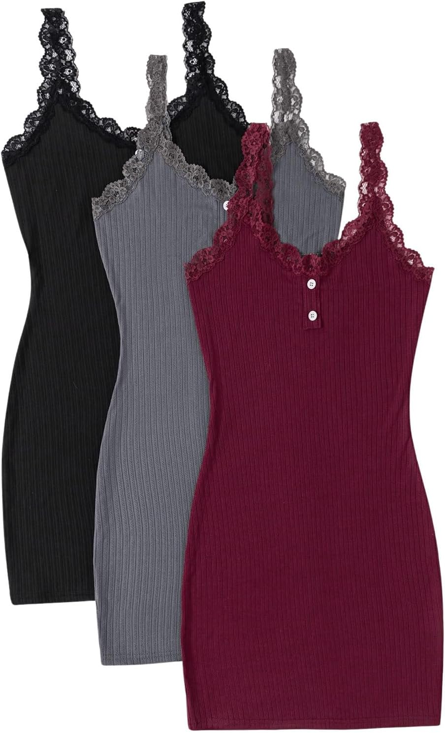 SOLY HUX Women's 3 Packs Nightgowns Soft Sexy Lace Trim Sleep Dress Chemise Pajamas Sleepwear Cami Mini Slip Dresses