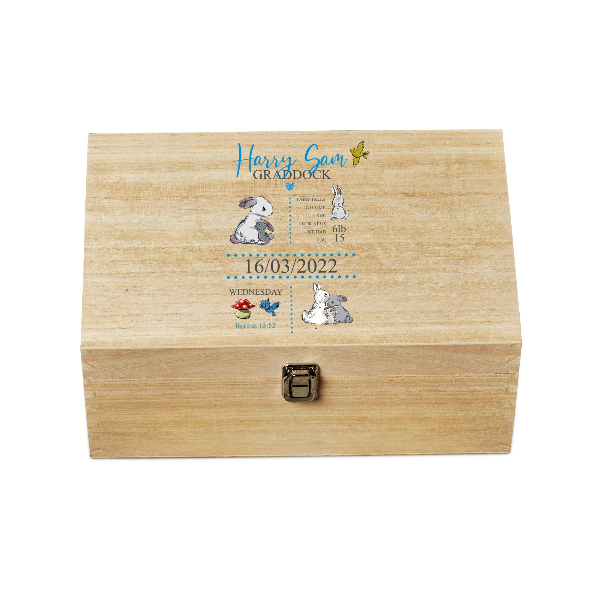 ukgiftstoreonline Personalised Large Baby Boy Wooden Keepsake Box Memories With Rabbits
