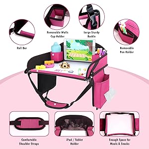 WENRENER Kids Travel Tray for Airplane - Toddler Car Seat Table Tray, Road Trip Essentials for Boys & Girls, Carseat Lap Desk for Kids Road Trip Activities (Pink)